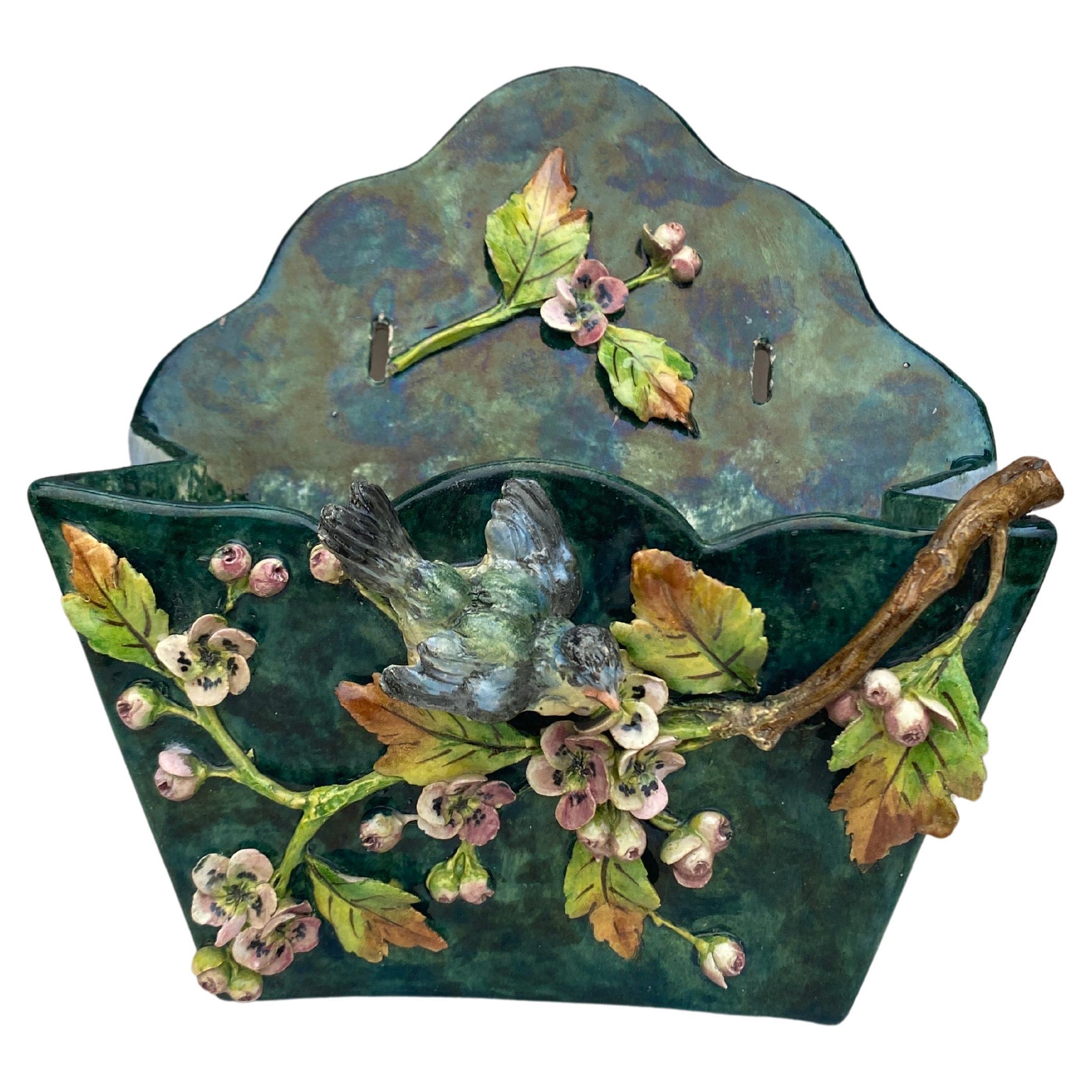 19th Century French Majolica Wall pocket With Bird & Flowers.
Used for hold the letters.
 