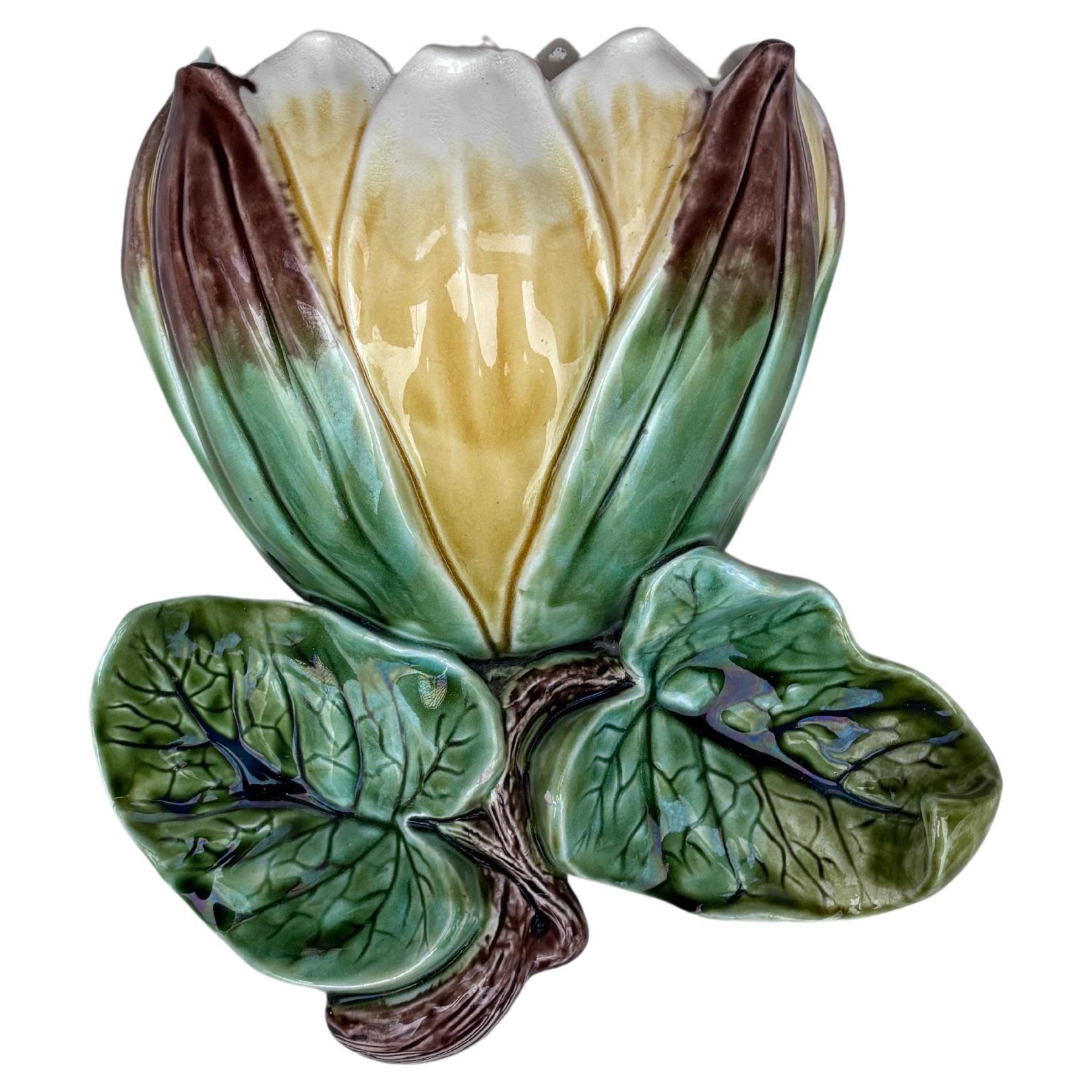 19th Century French Majolica Water Lily Wall Pocket.