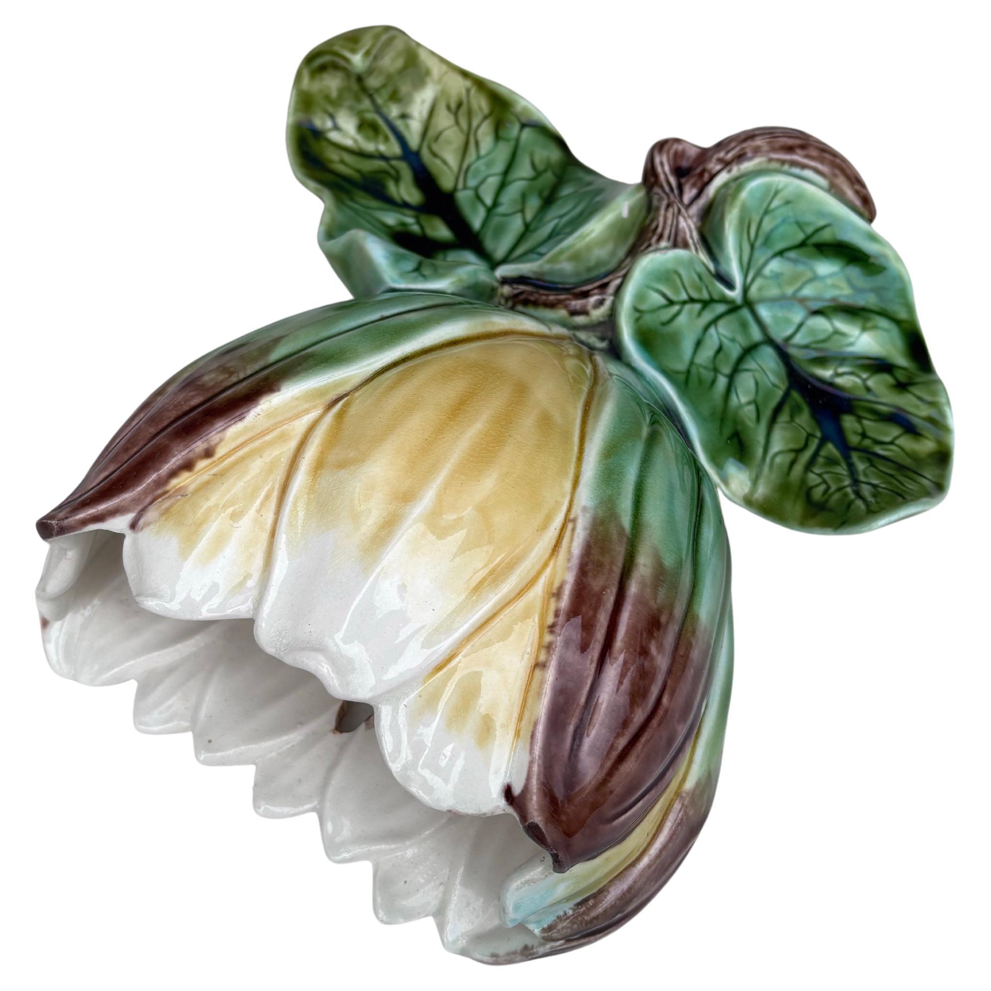 Late 19th Century 19th Century French Majolica Water Lily Wall Pocket For Sale