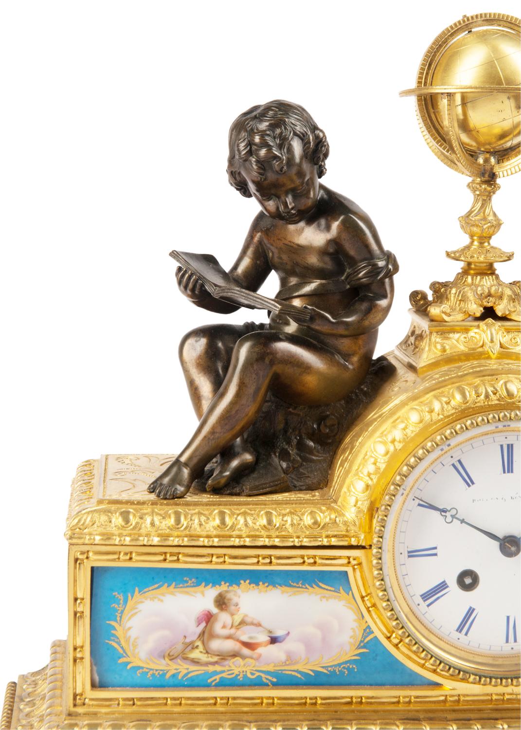 A good quality 19th Century French gilded ormolu, Sevres style porcelain and bronze mantel clock. having bronze putti seated either side of a gilded globe and the white enamel clock face with an eight day duration movement that chimes on the hour