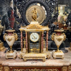 19th Century French Mantel Clock Garniture Set in Onyx and Gilt Brass
