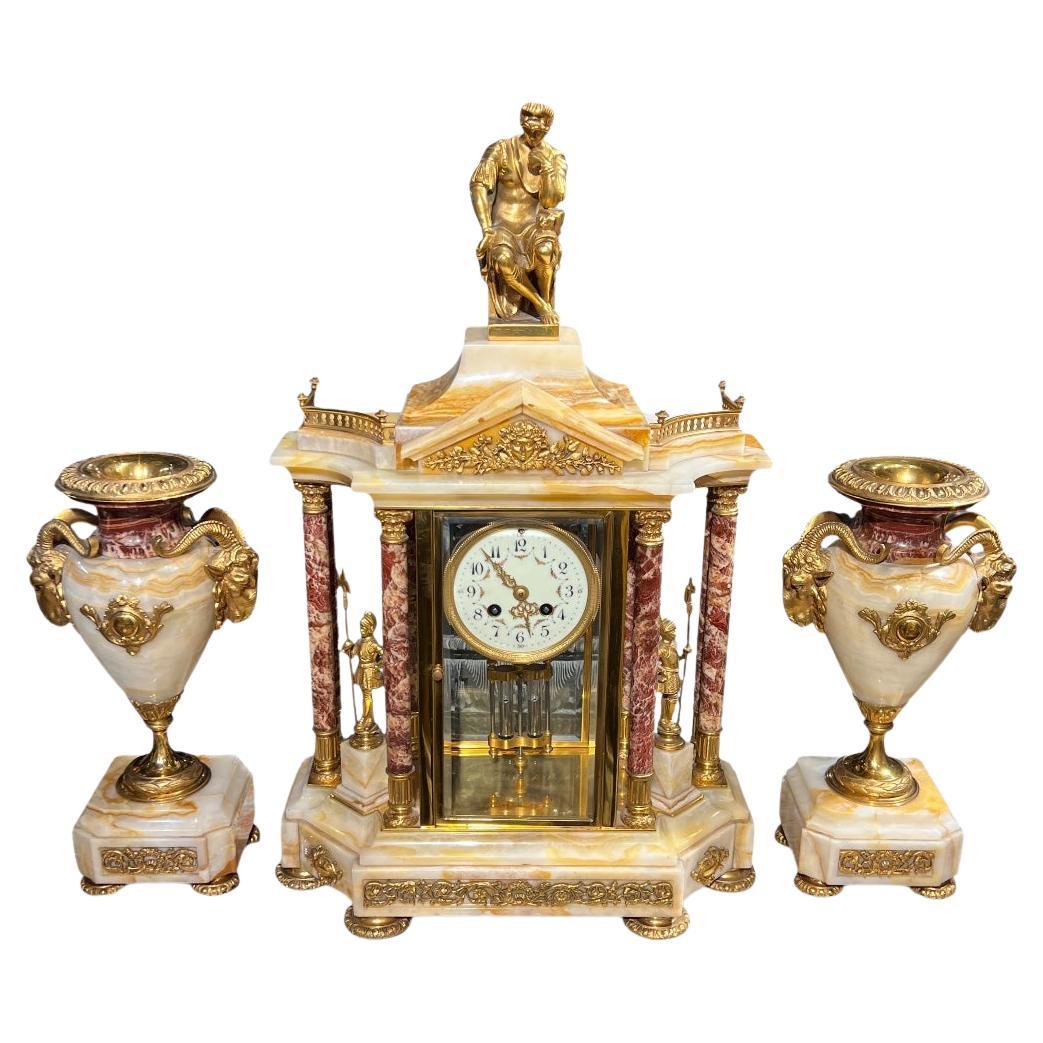 19th Century French Mantel Clock Garniture Set in Onyx and Gilt Brass For Sale