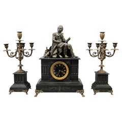 19th Century French Mantel Clock Garniture with 2 Candelabra - Durin à Felletin