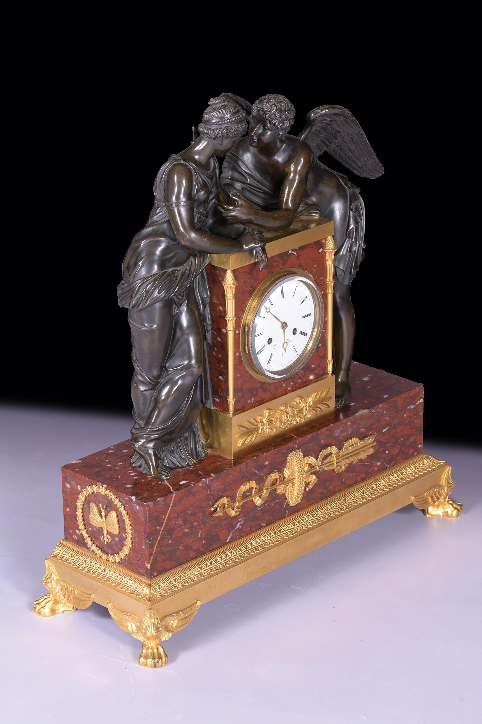 Neoclassical 19th Century French Mantle Clock Signed Caron a Paris Depicting Psyche & Cupid