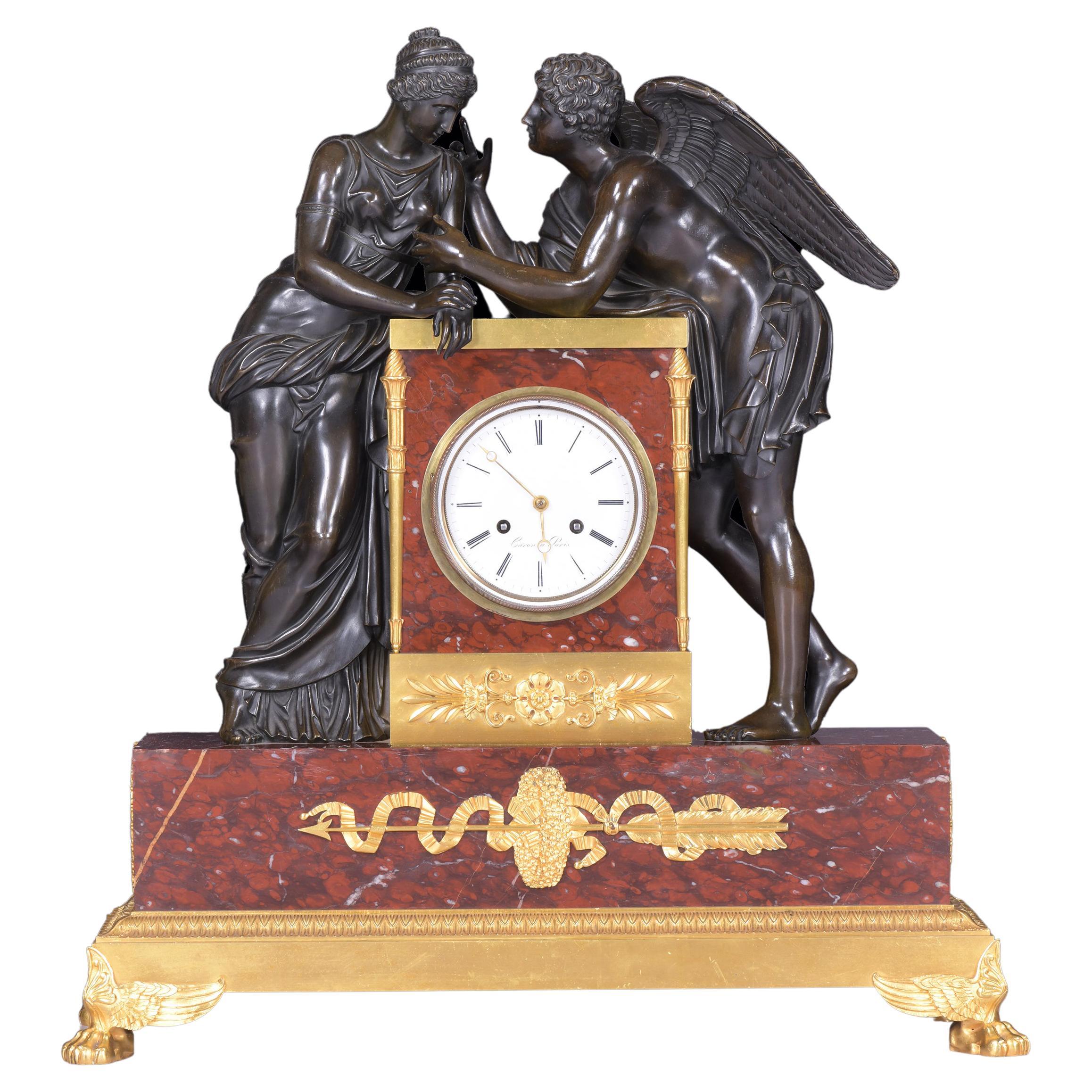 19th Century French Mantle Clock Signed Caron a Paris Depicting Psyche & Cupid