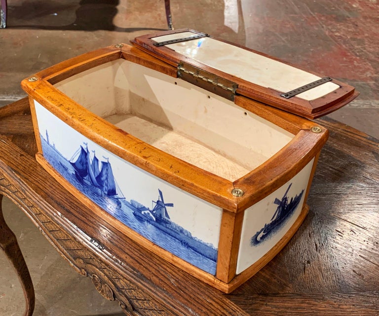 19th Century French Maple and Porcelain Tile Bread Box from Villeroy