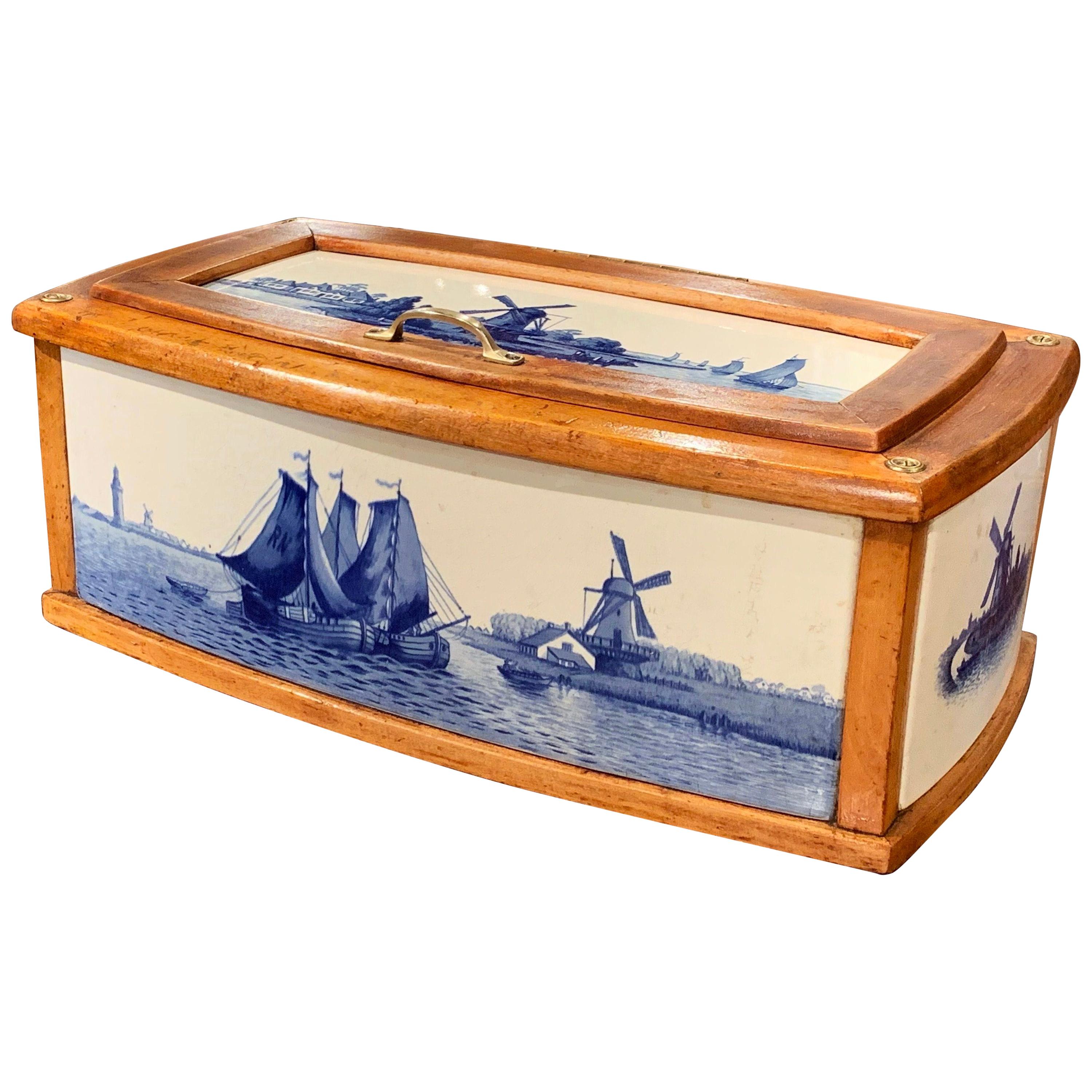 19th Century French Maple and Porcelain Tile Bread Box from Villeroy and Boch