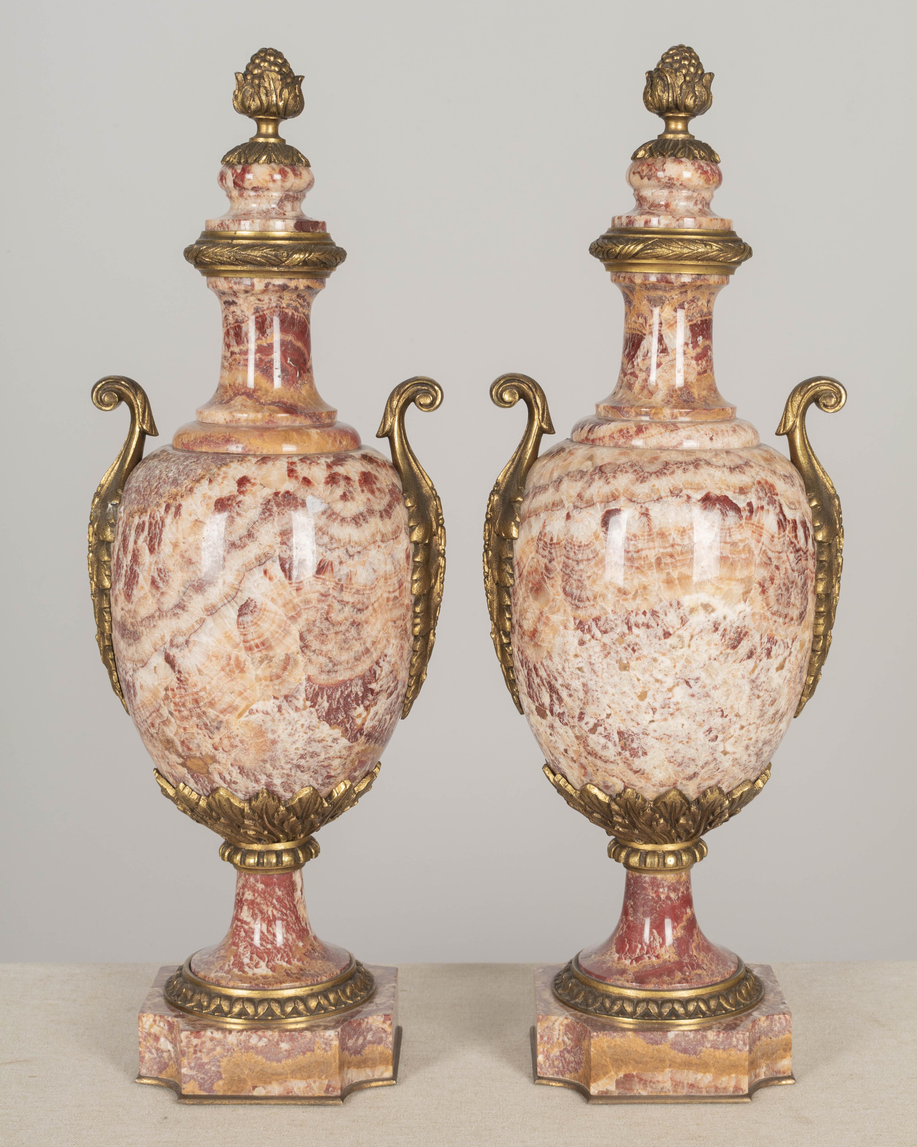 Cast 19th Century French Marble and Bronze Cassolette Urns Pair For Sale