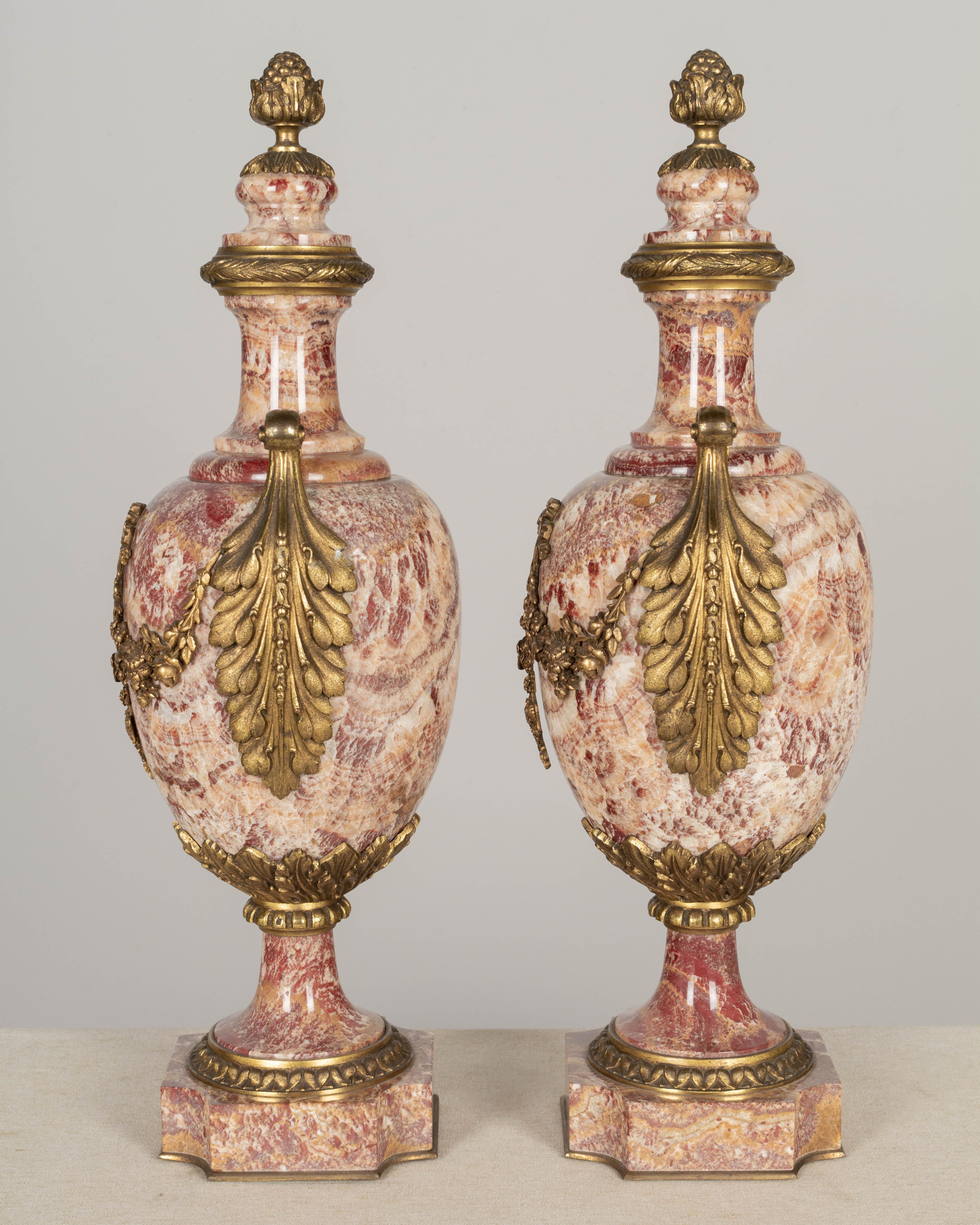 19th Century French Marble and Bronze Cassolette Urns Pair For Sale 1
