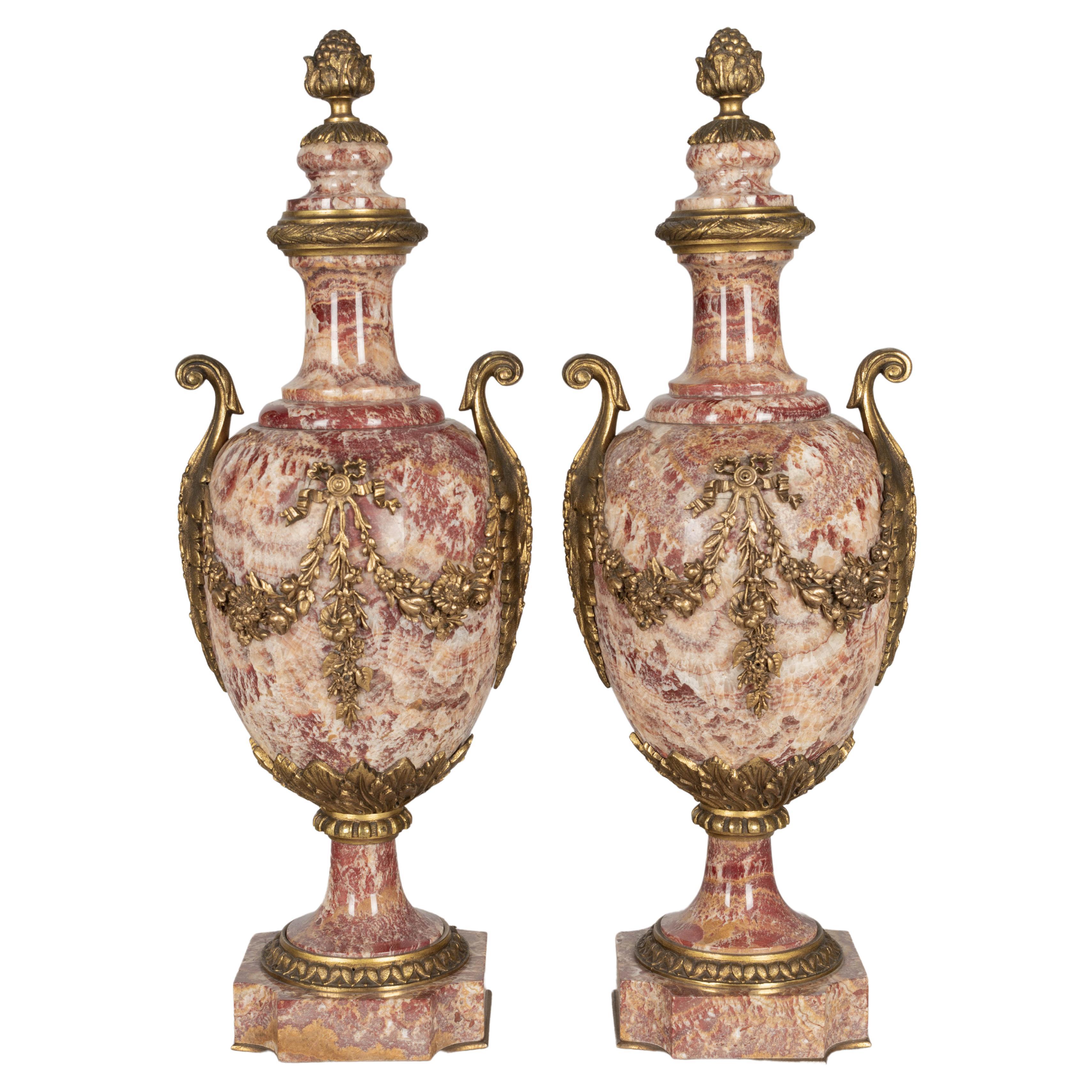 19th Century French Marble and Bronze Cassolette Urns Pair For Sale
