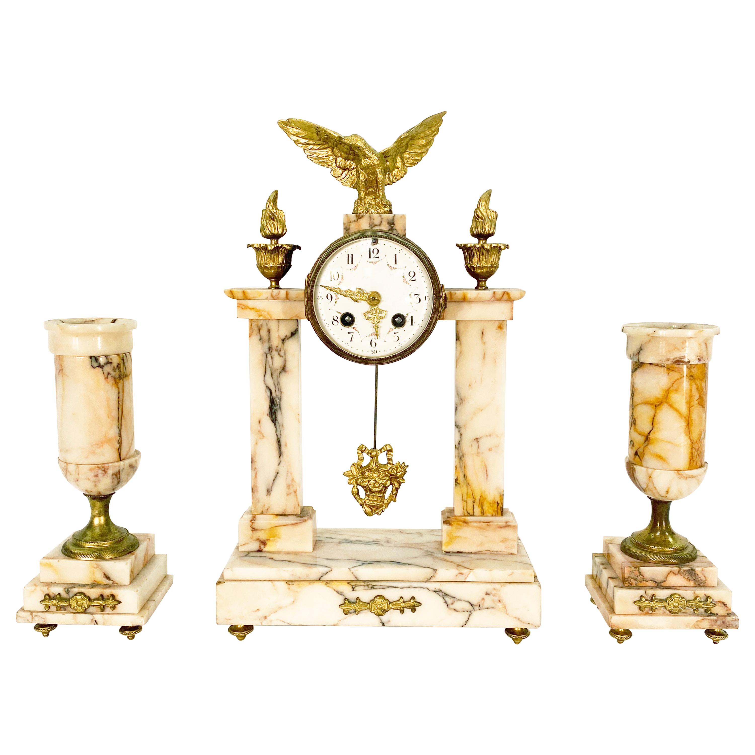 19th Century French Marble and Bronze Garniture Clock