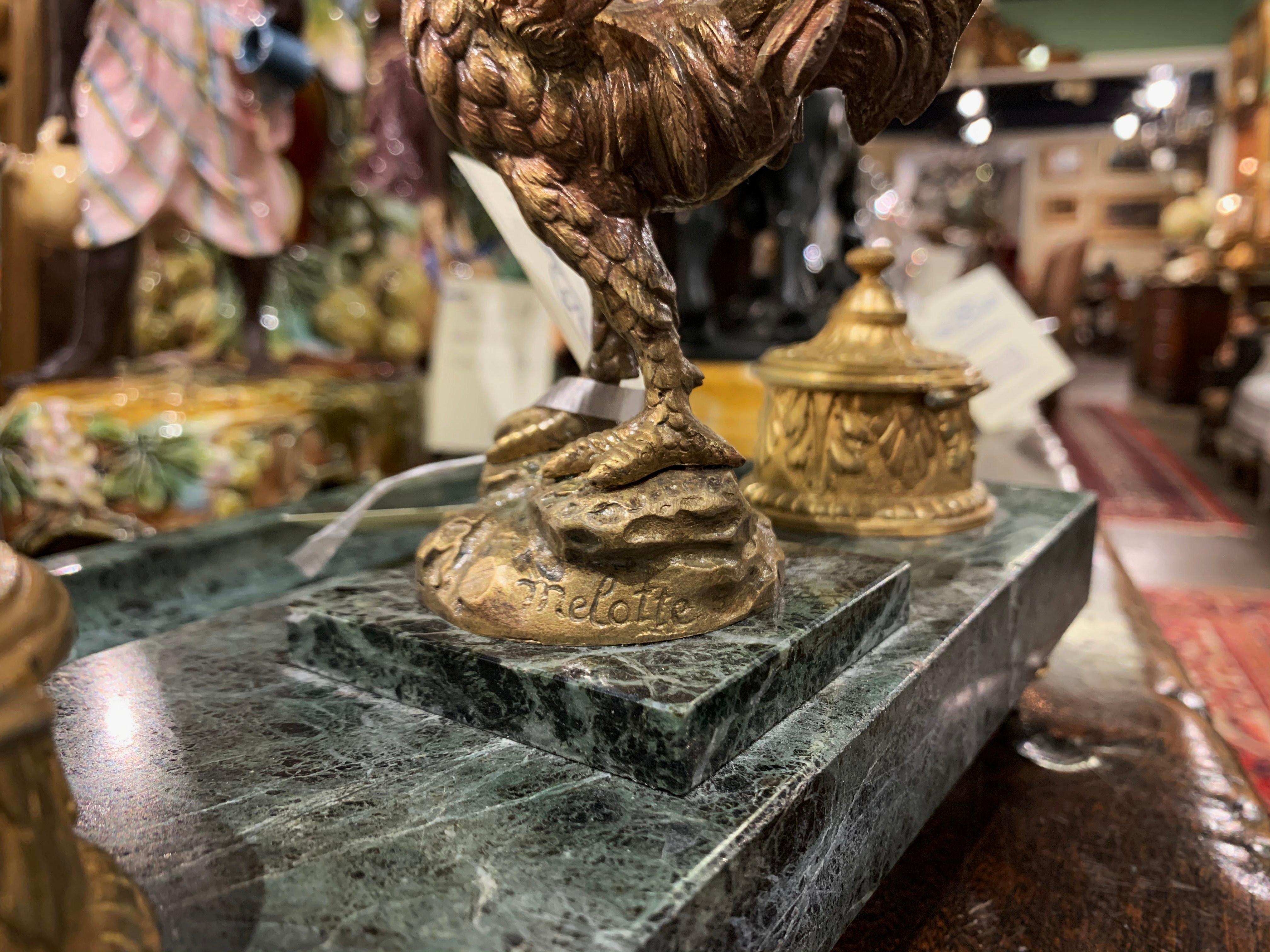 Hand-Carved 19th Century French Marble and Bronze Rooster Sculpture Signed Melotte For Sale