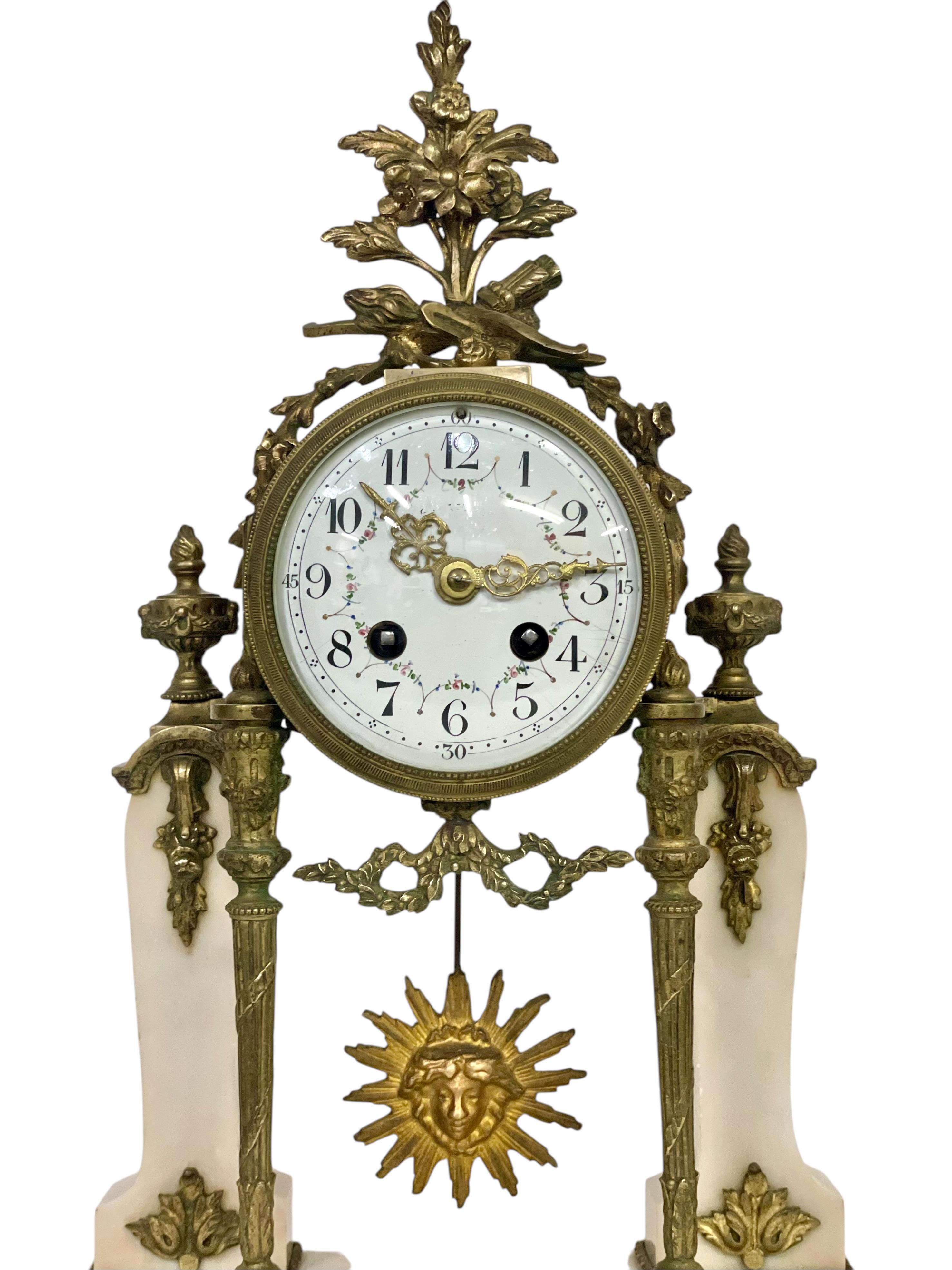 19th Century French Marble and Gilt Bronze Portico Clock For Sale 1