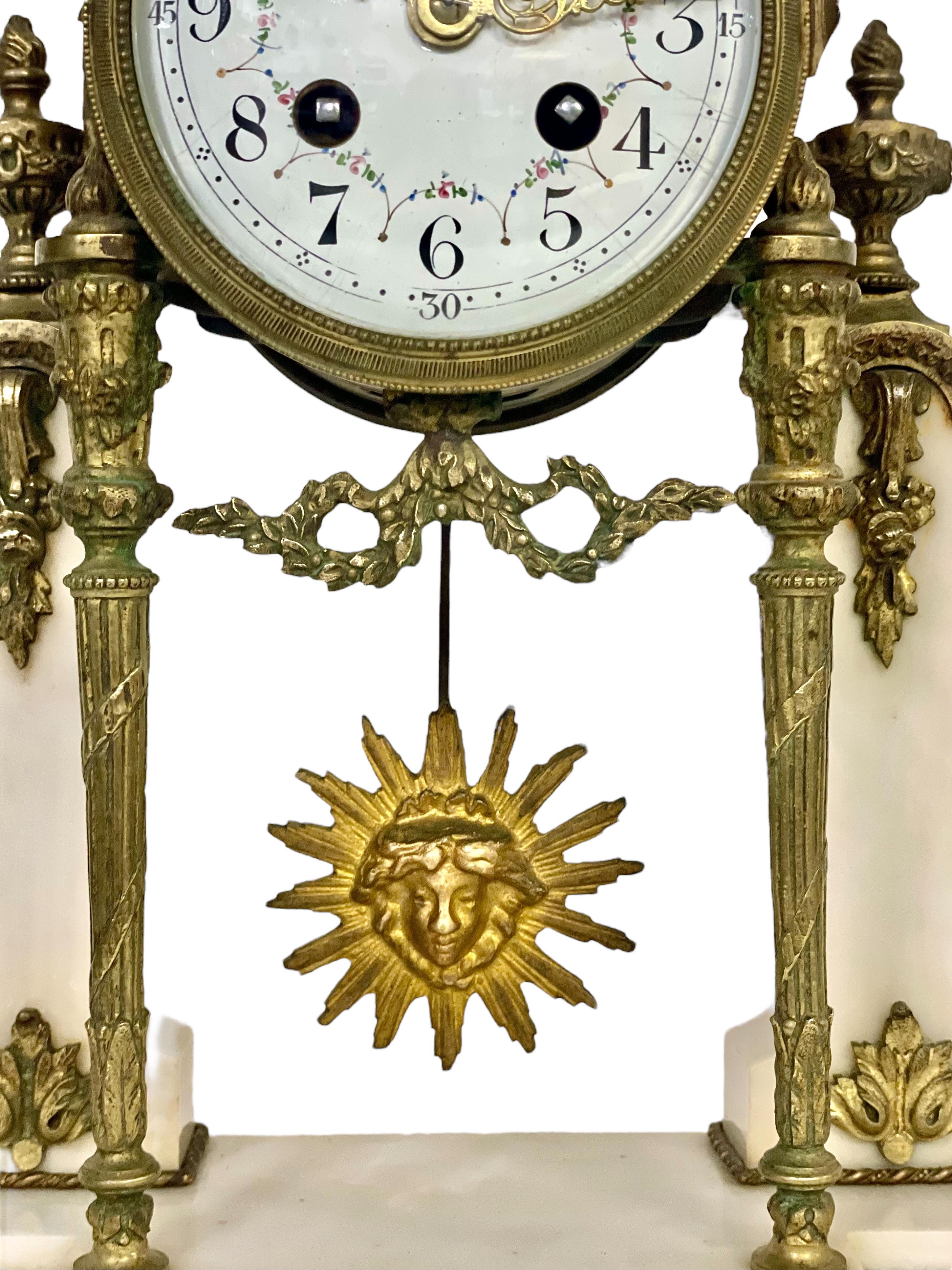 19th Century French Marble and Gilt Bronze Portico Clock For Sale 2