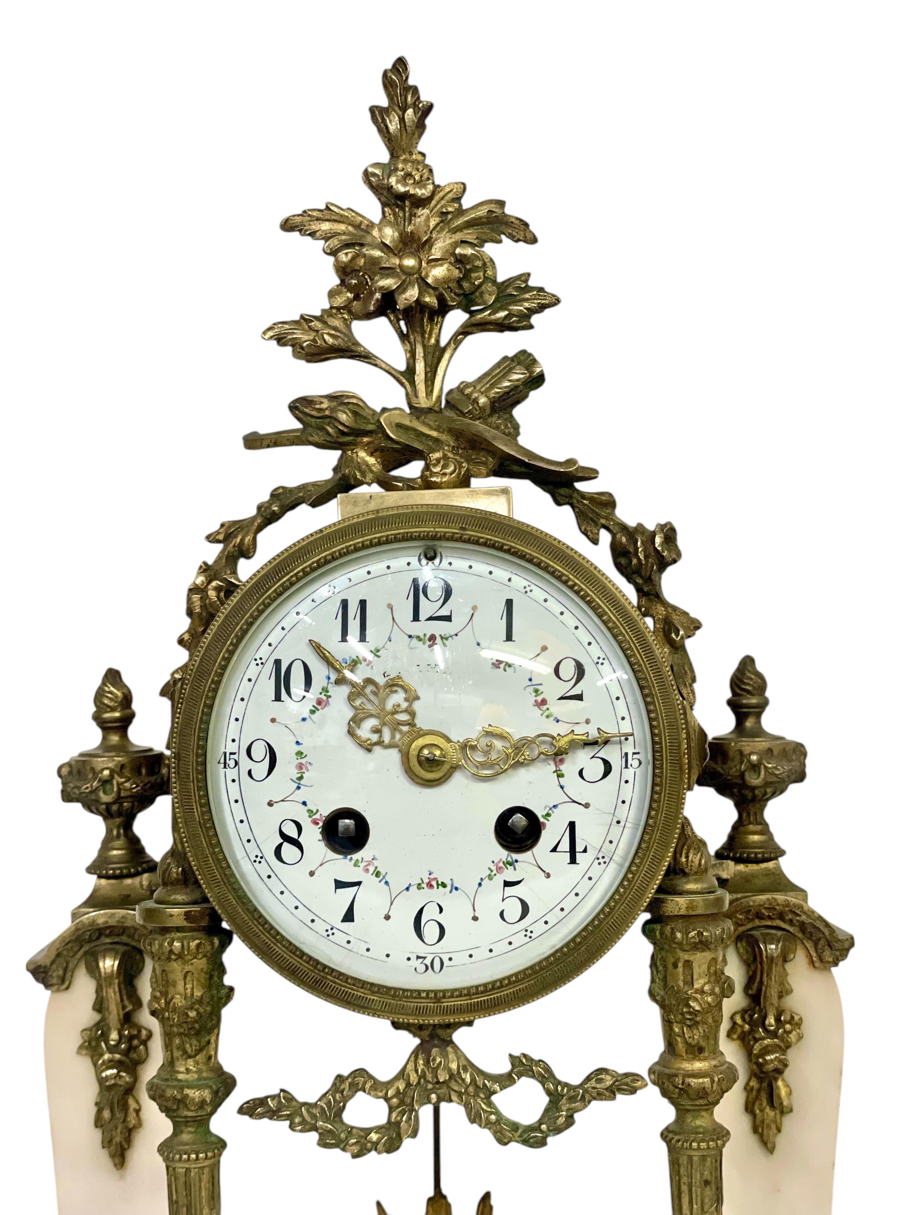 19th Century French Marble and Gilt Bronze Portico Clock For Sale 3