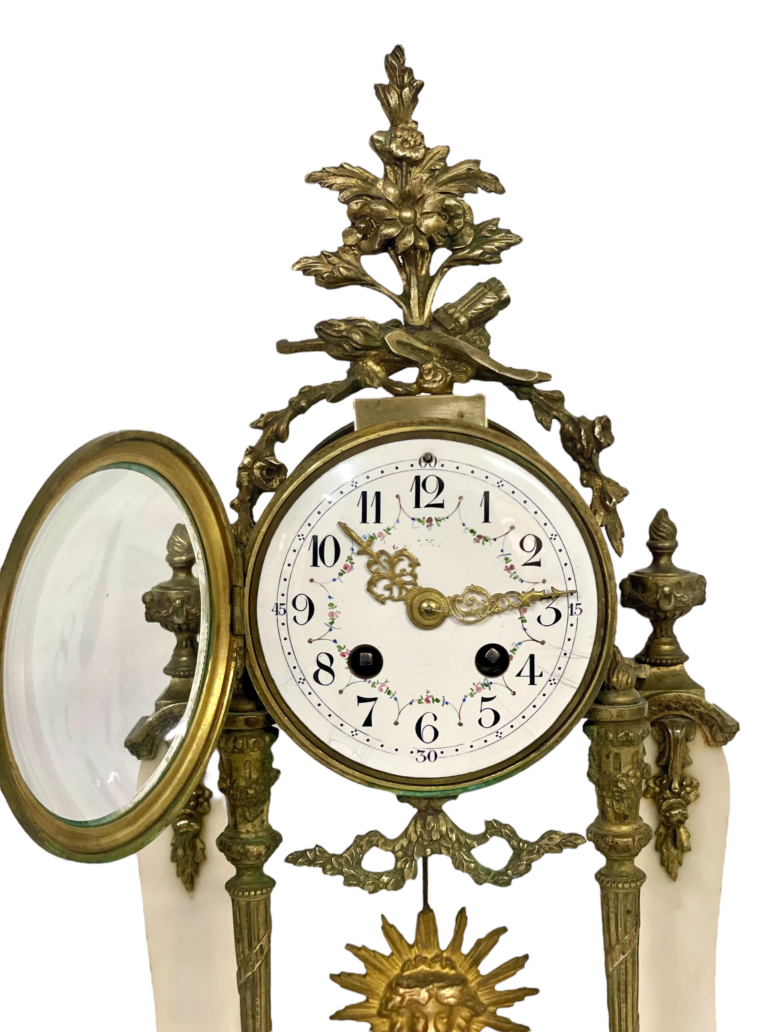 19th Century French Marble and Gilt Bronze Portico Clock For Sale 4