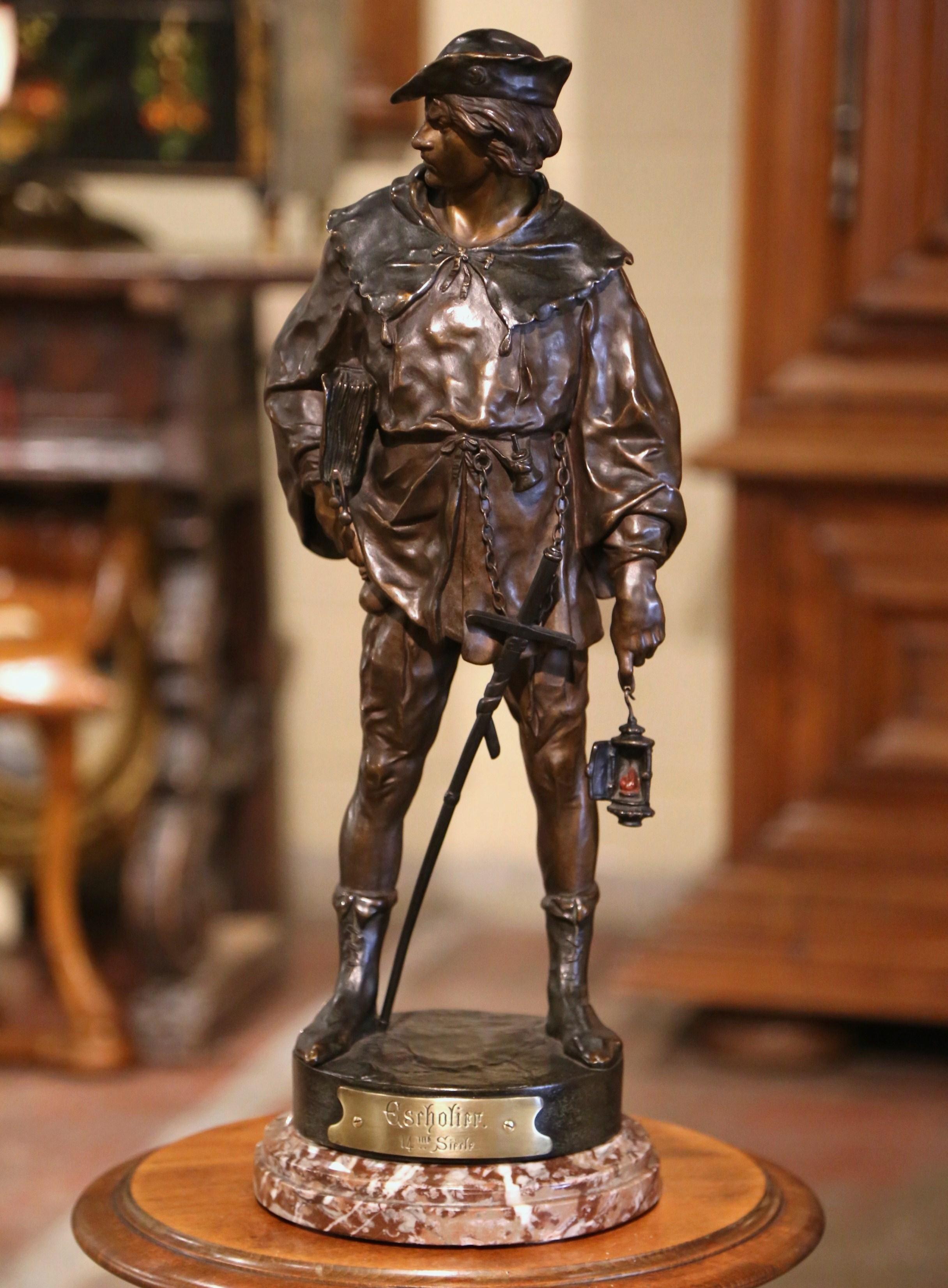 Sculpture en bronze du 19ème siècle « Escholier » signée E. Picault avec base en marbre Excellent état - En vente à Dallas, TX