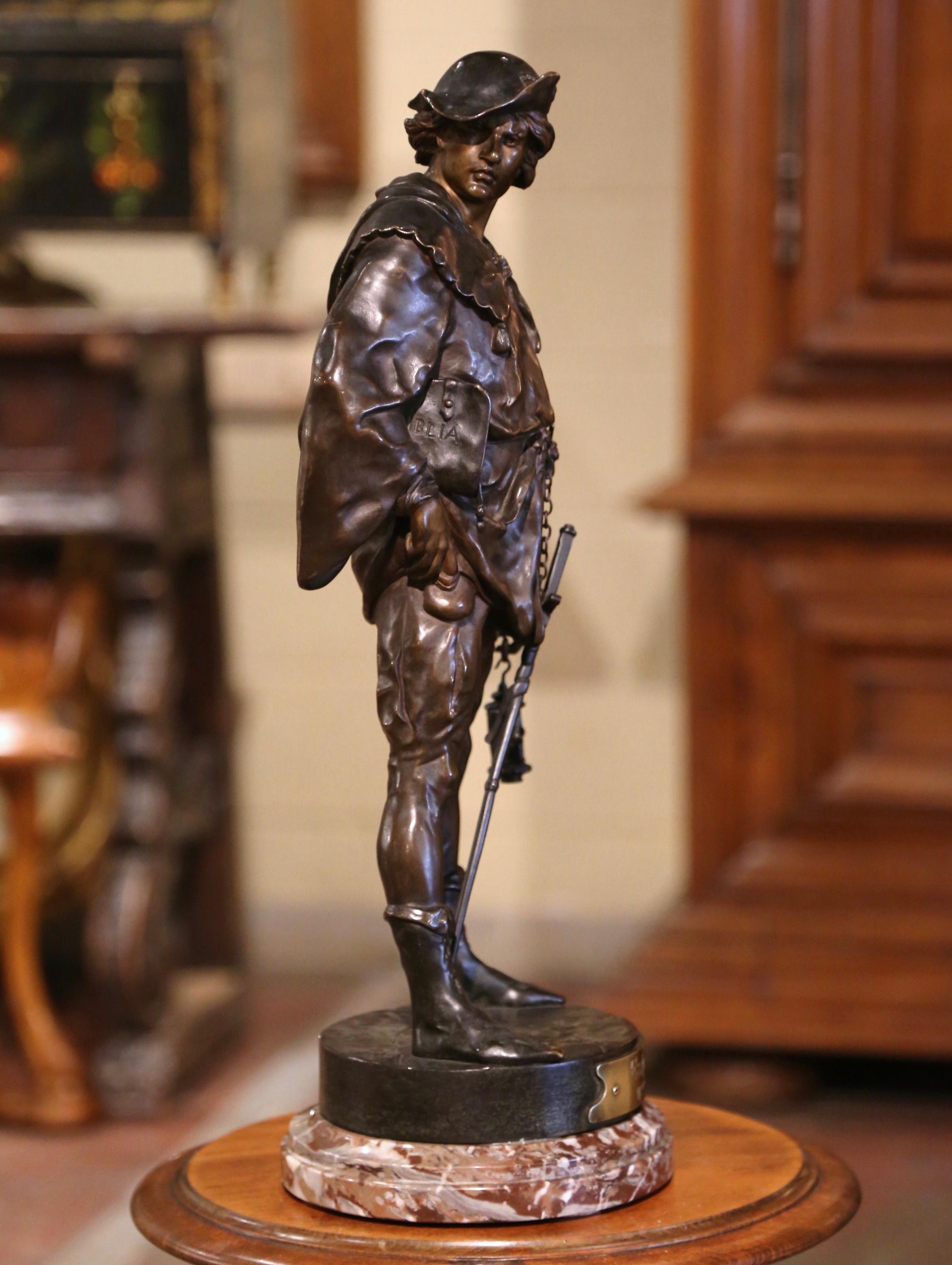 XIXe siècle Sculpture en bronze du 19ème siècle « Escholier » signée E. Picault avec base en marbre en vente