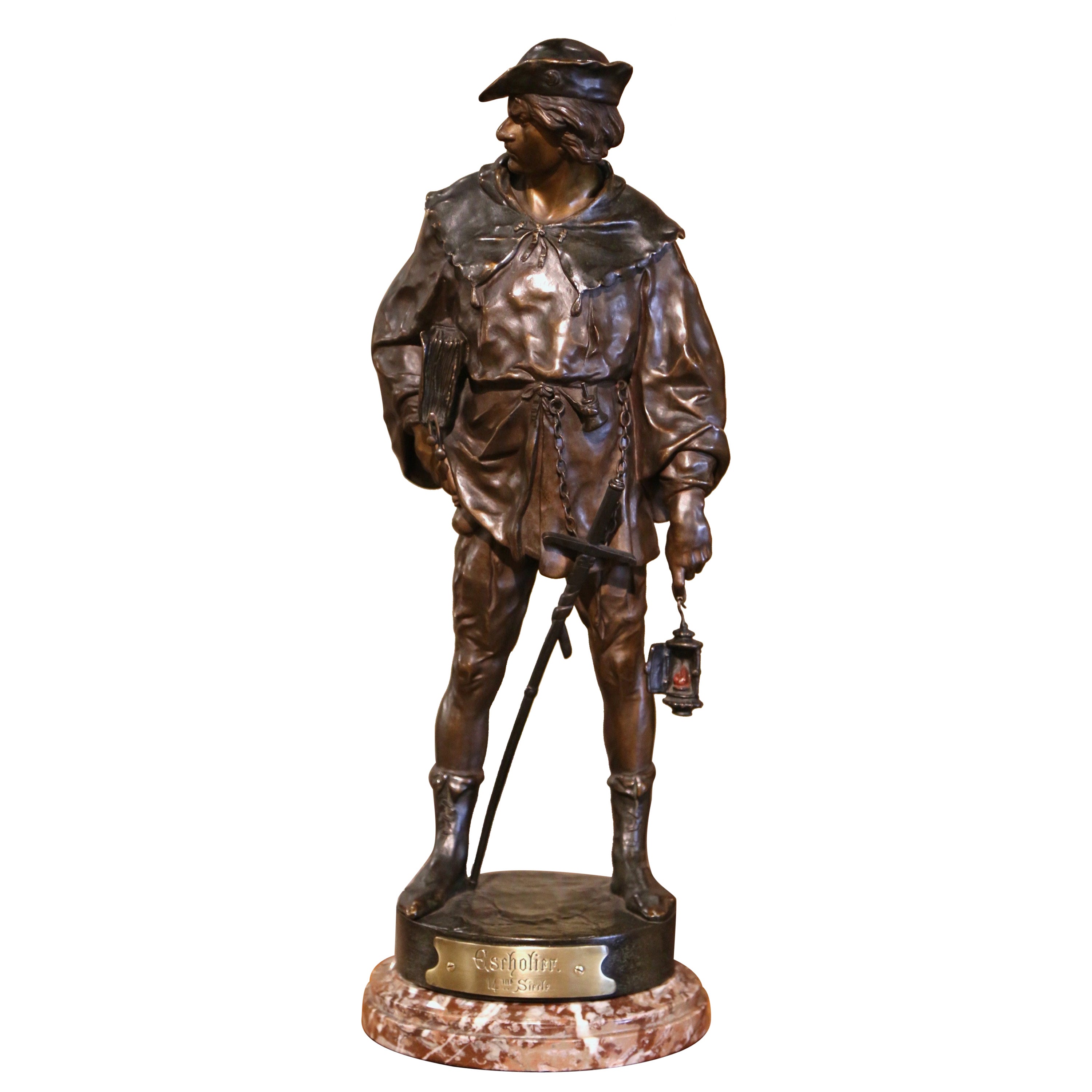 Sculpture en bronze du 19ème siècle « Escholier » signée E. Picault avec base en marbre
