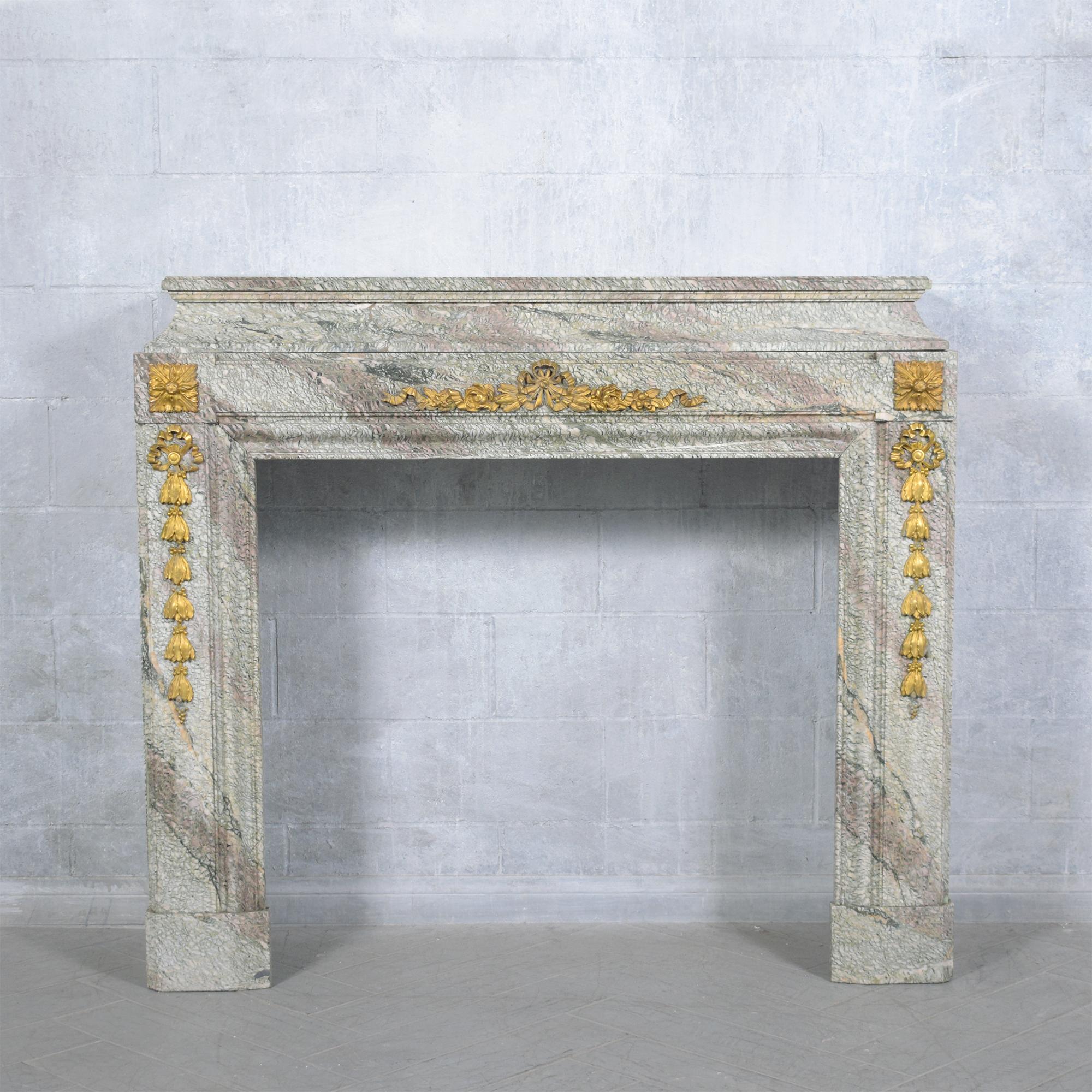 Experience the grandeur of the 19th Century with our exquisitely restored marble and brass mantle fireplace, a true masterpiece of French antique craftsmanship. Brought back to its original splendor by our team of professional craftsmen, this