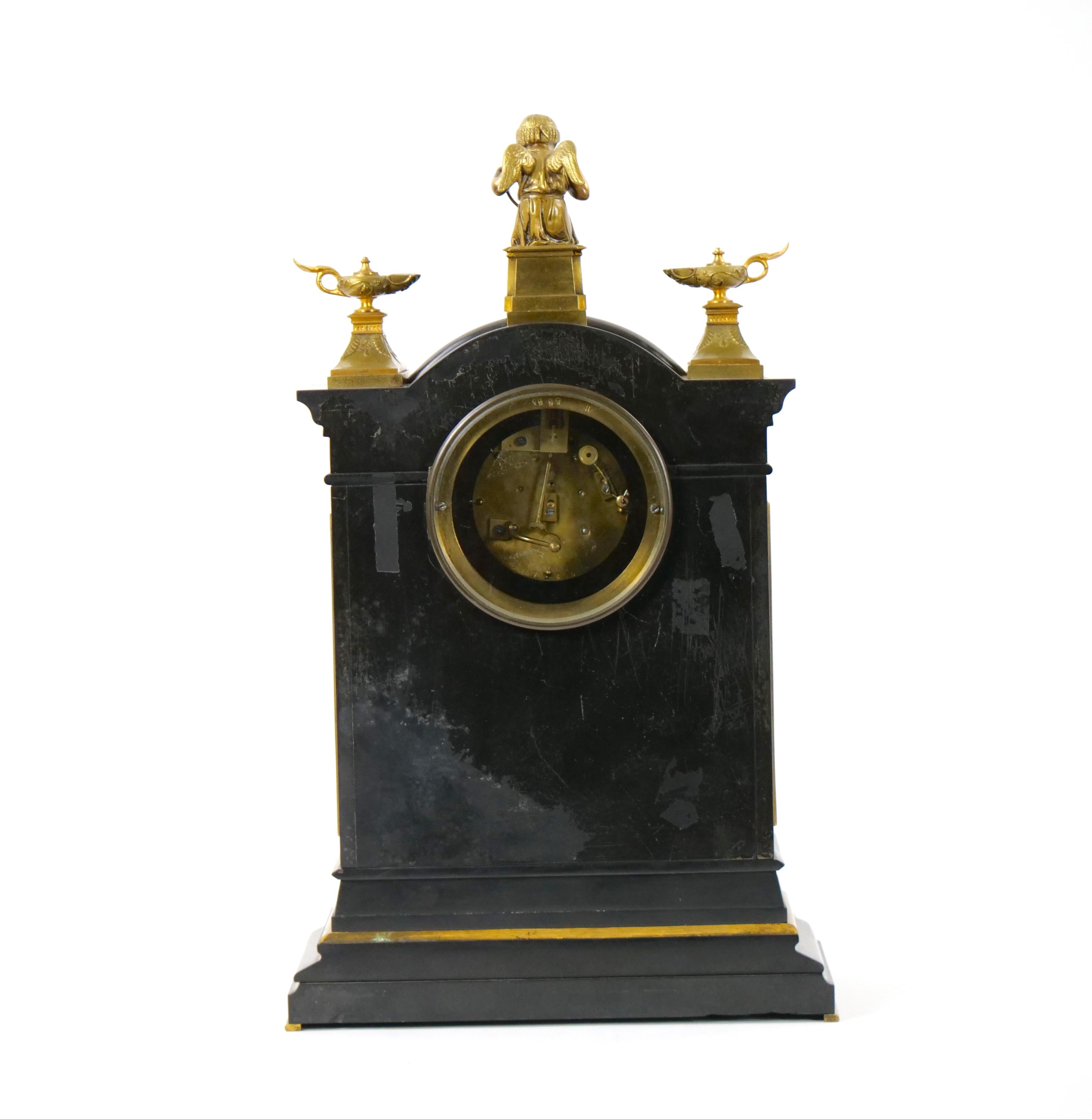 19th Century French Marble & Bronze Figural Mantel Clock Signed By Japy Freres For Sale 7