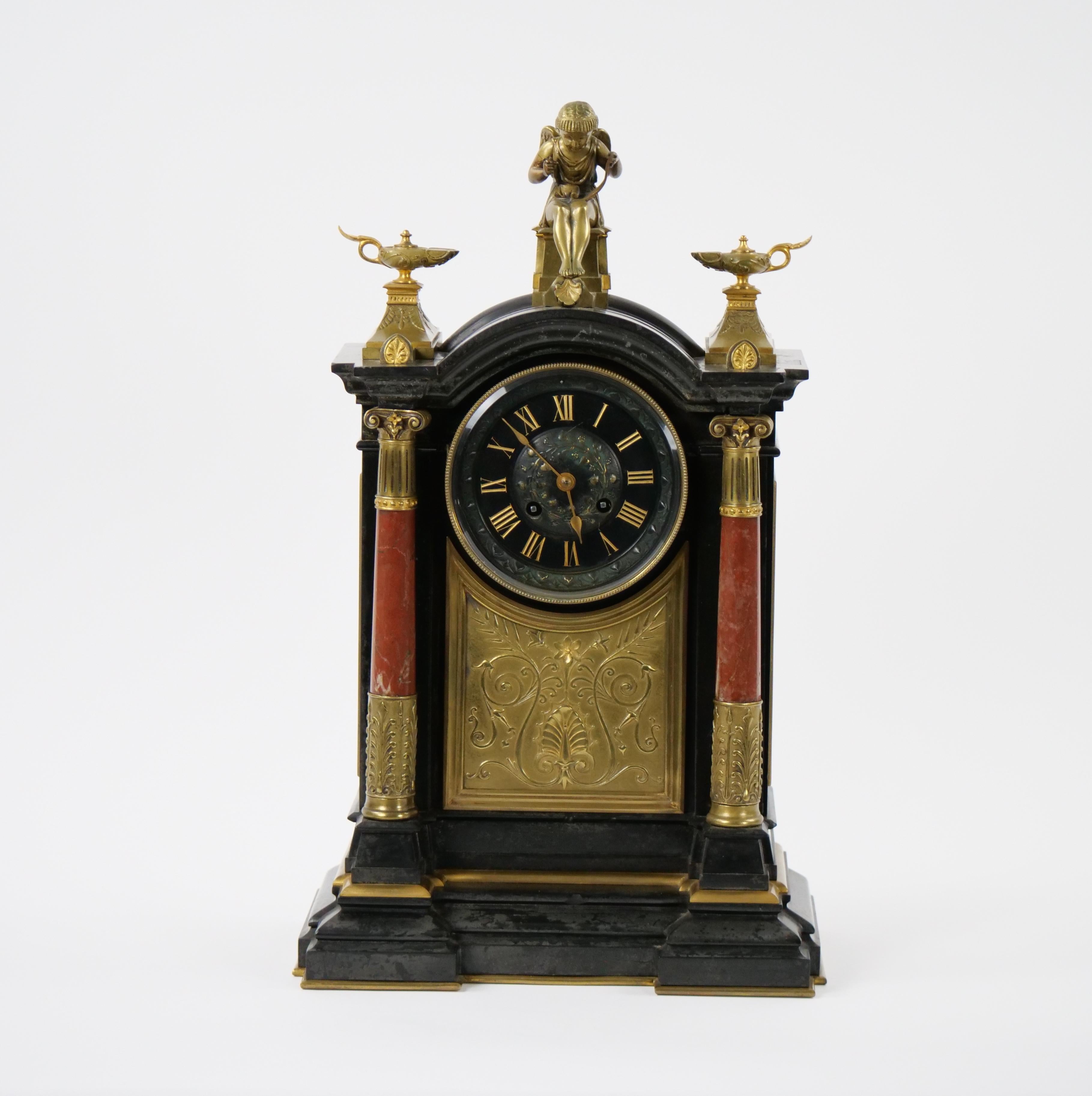 19th Century French Marble & Bronze Figural Mantel Clock Signed By Japy Freres For Sale 8