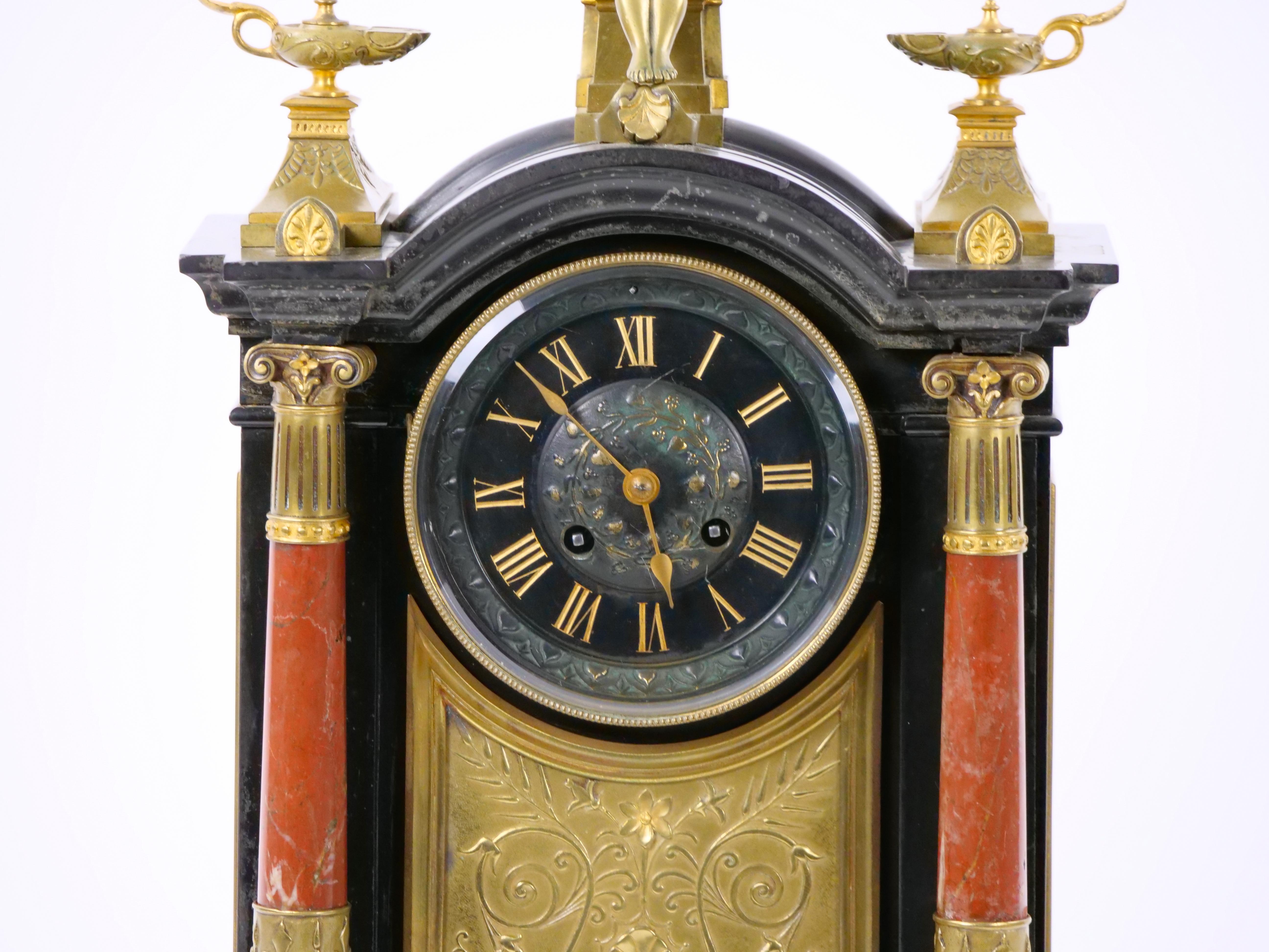 Empire 19th Century French Marble & Bronze Figural Mantel Clock Signed By Japy Freres For Sale
