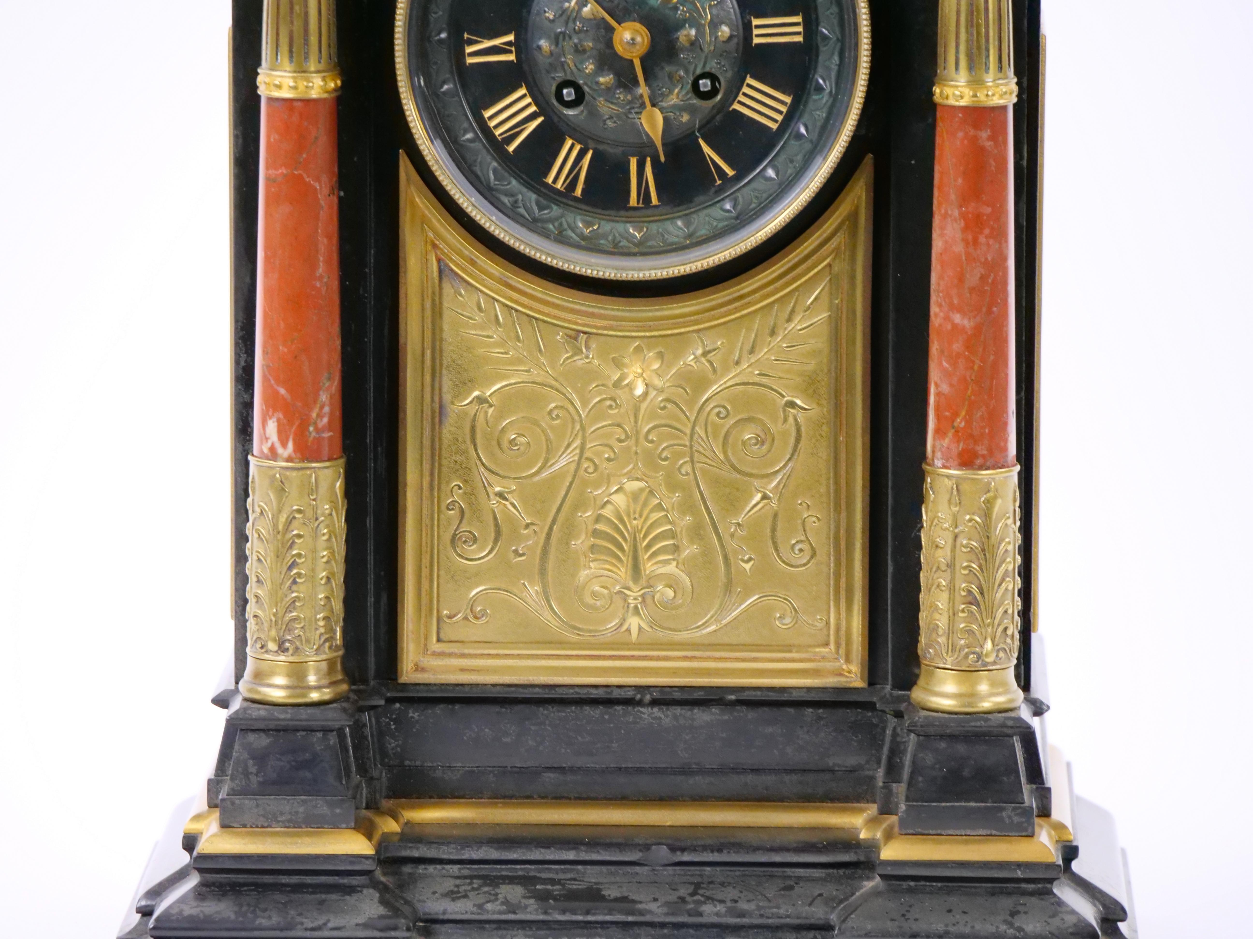Hand-Carved 19th Century French Marble & Bronze Figural Mantel Clock Signed By Japy Freres For Sale