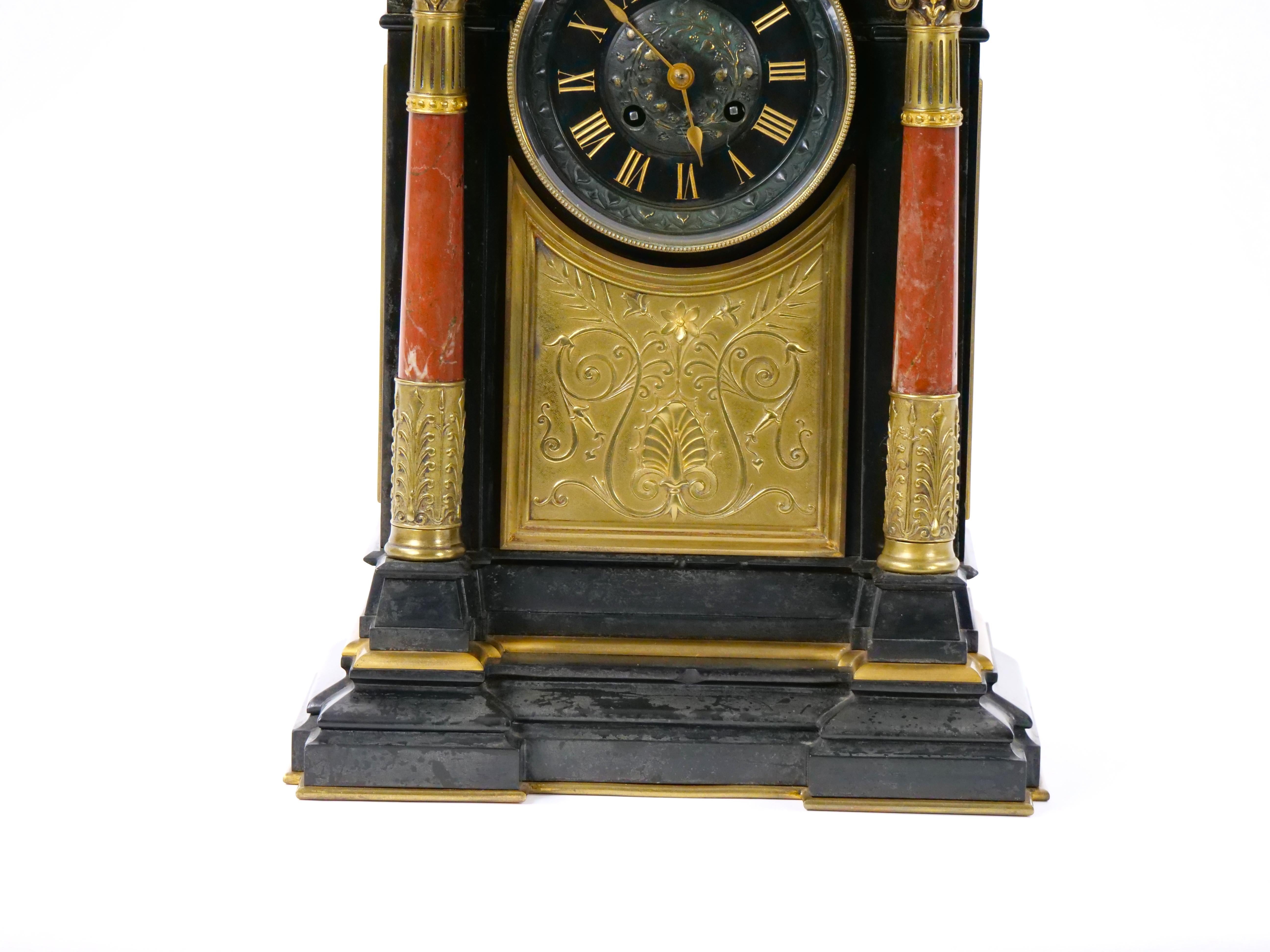 19th Century French Marble & Bronze Figural Mantel Clock Signed By Japy Freres In Good Condition For Sale In Tarry Town, NY
