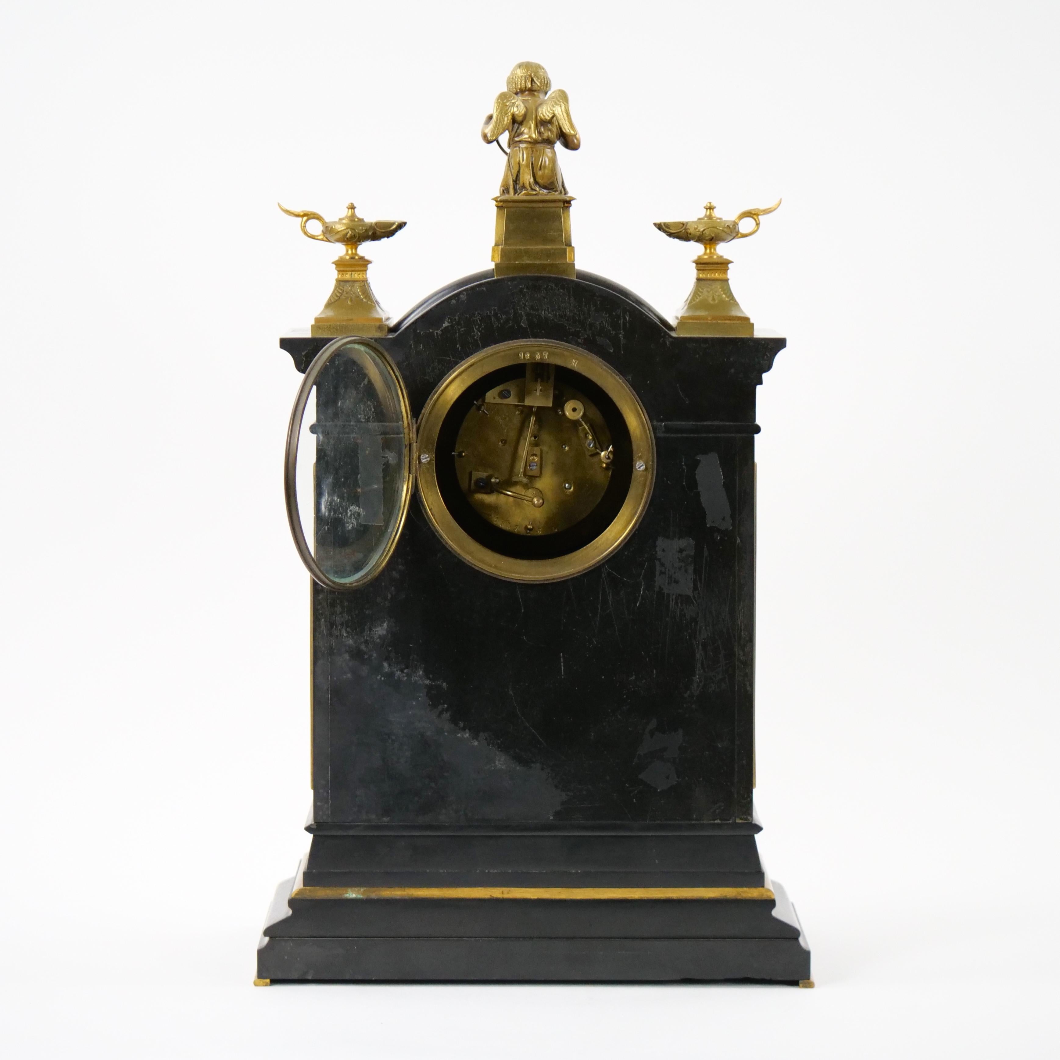 19th Century French Marble & Bronze Figural Mantel Clock Signed By Japy Freres For Sale 1