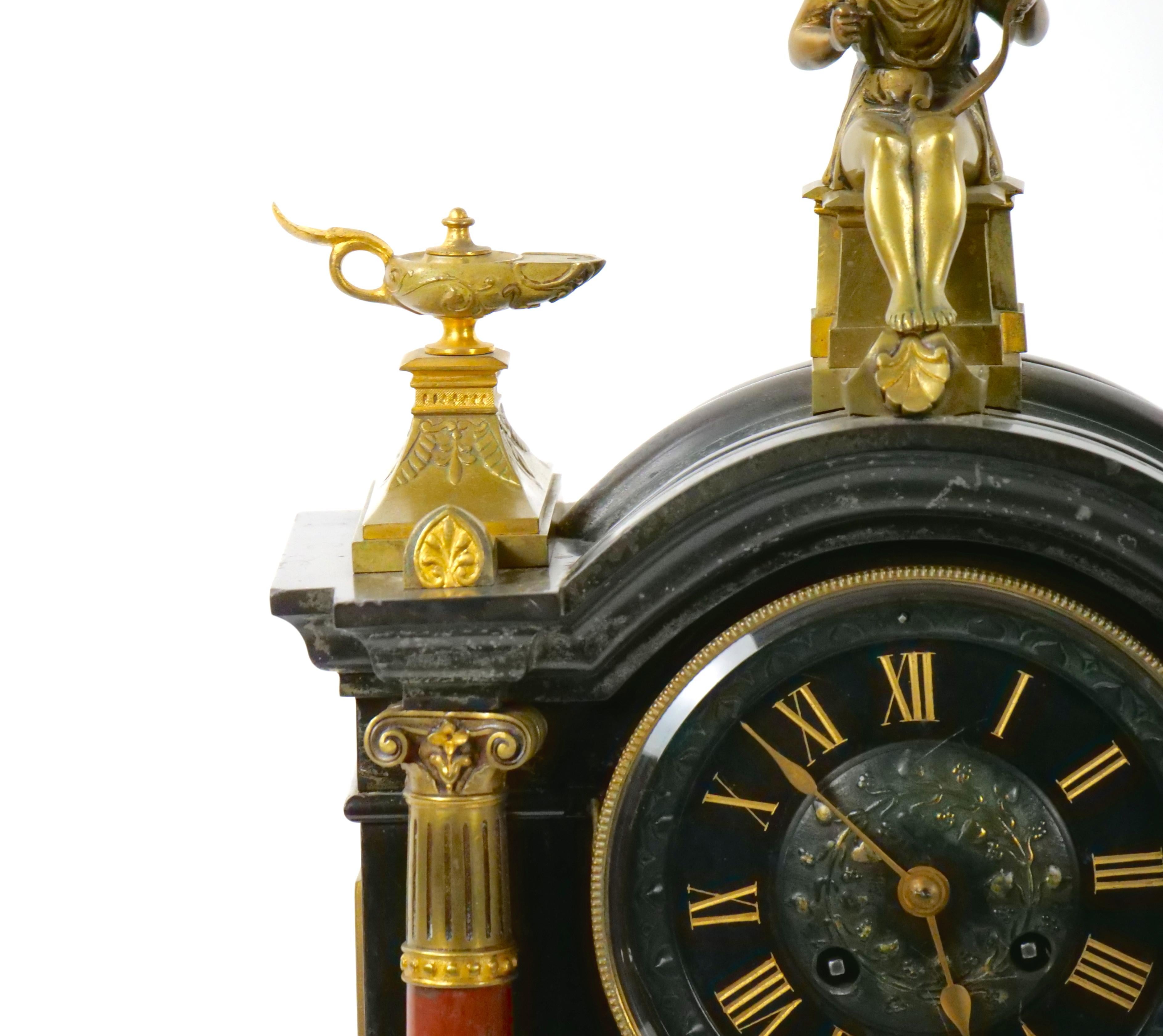 19th Century French Marble & Bronze Figural Mantel Clock Signed By Japy Freres For Sale 2
