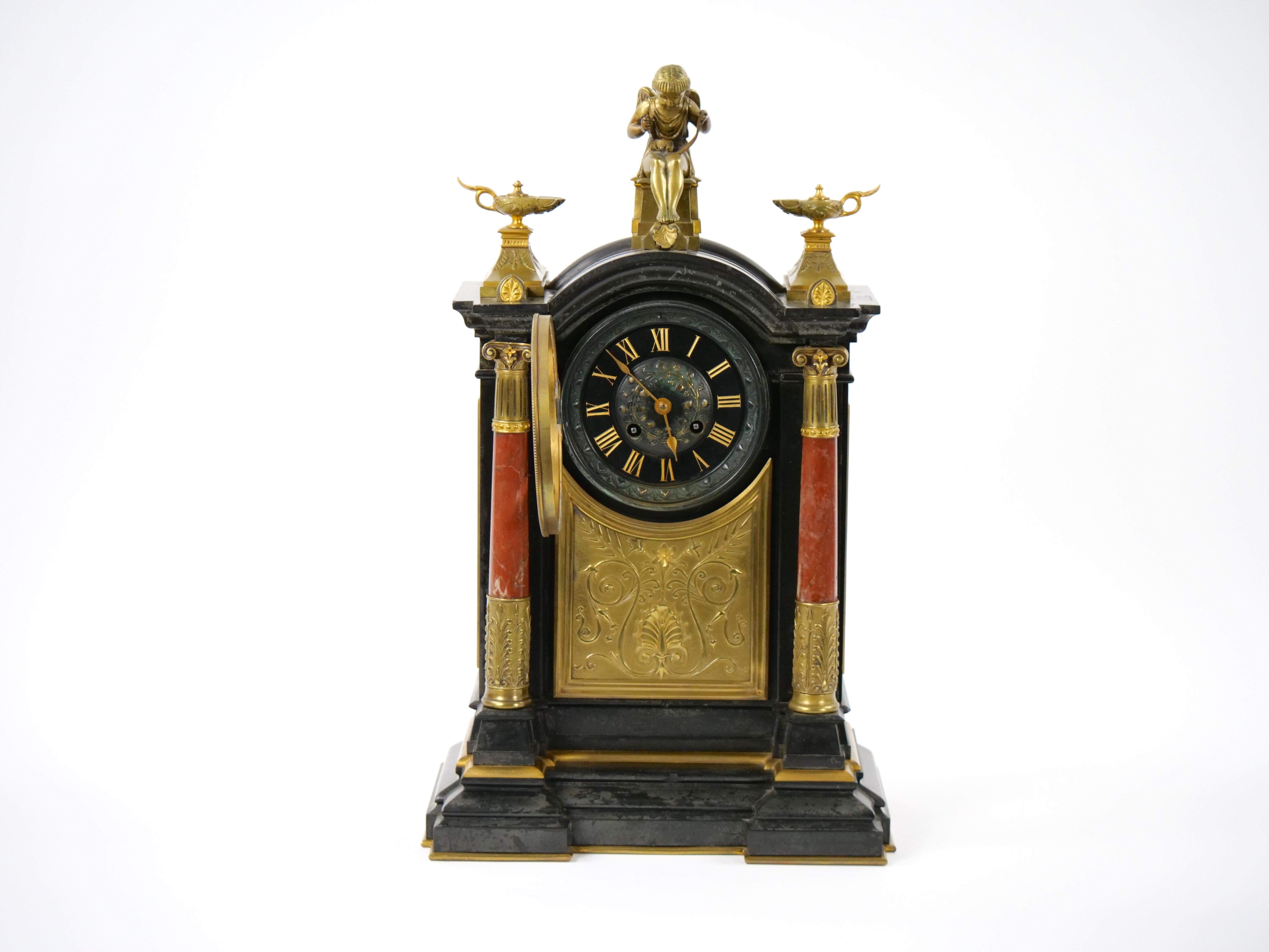 19th Century French Marble & Bronze Figural Mantel Clock Signed By Japy Freres For Sale 3