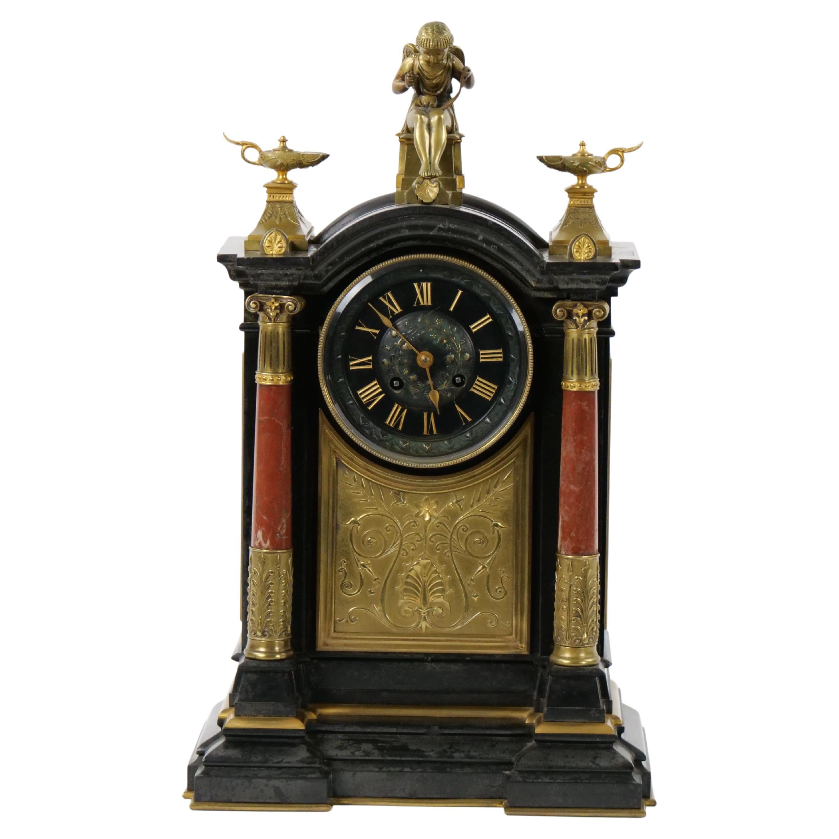 19th Century French Marble & Bronze Figural Mantel Clock Signed By Japy Freres