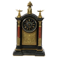 Antique 19th Century French Marble & Bronze Figural Mantel Clock Signed By Japy Freres