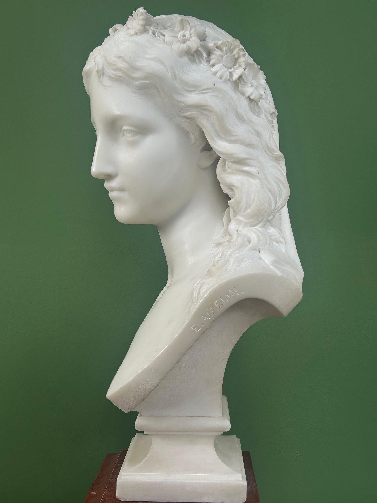 19th Century French Marble Bust of a Maiden signed by Eugene Antoine Aizelin 9