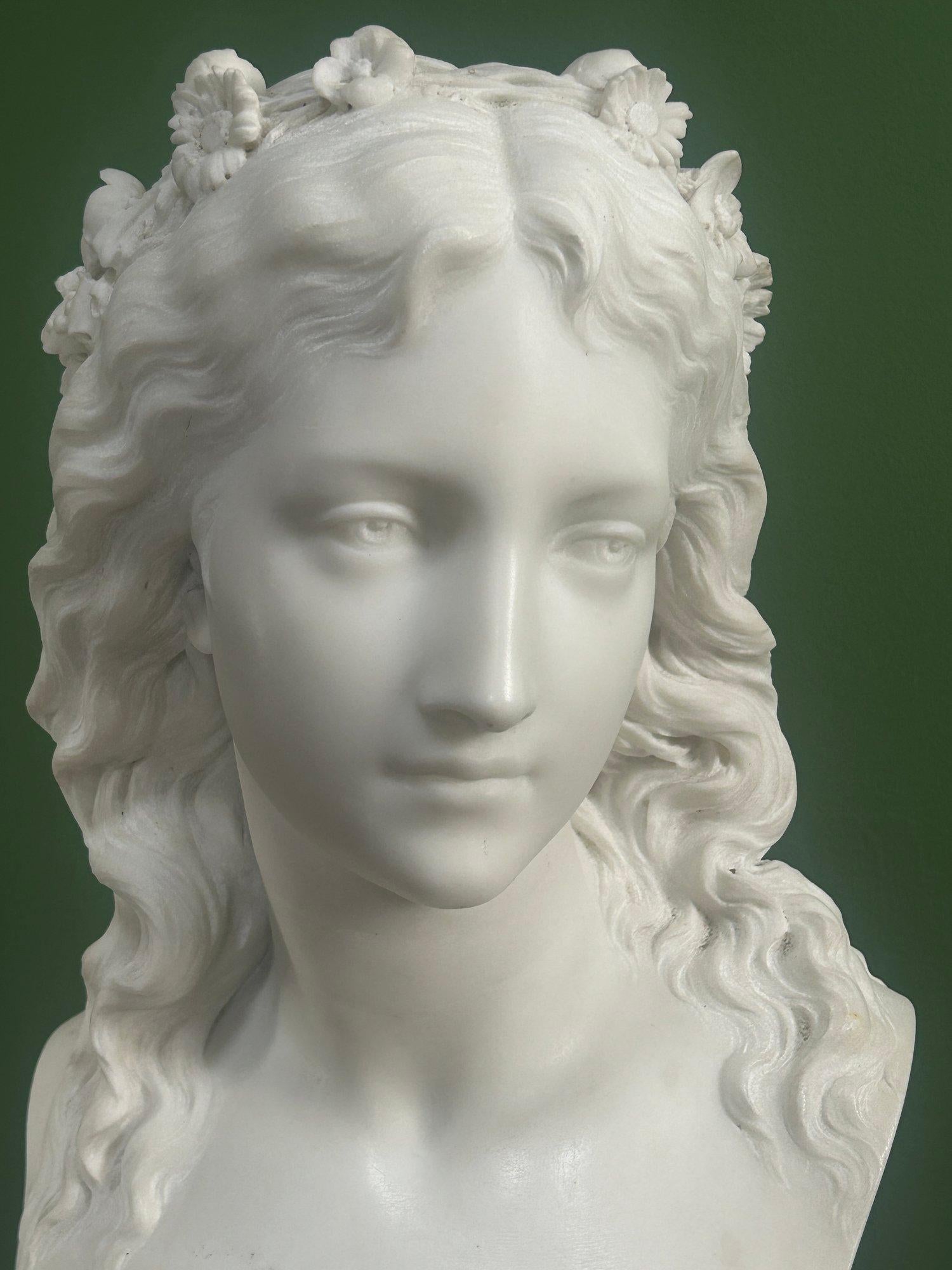 Antique Marble Bust of a Maiden, 19th Century Marble Bust, Antique Marble Sculpture, Marble Bust of a Nymph, Antique Marble Sculpture by Eugene Antoine Aizelin.

Beautiful, high quality & very decorative 19th Century sculpted Carrara marble bust of