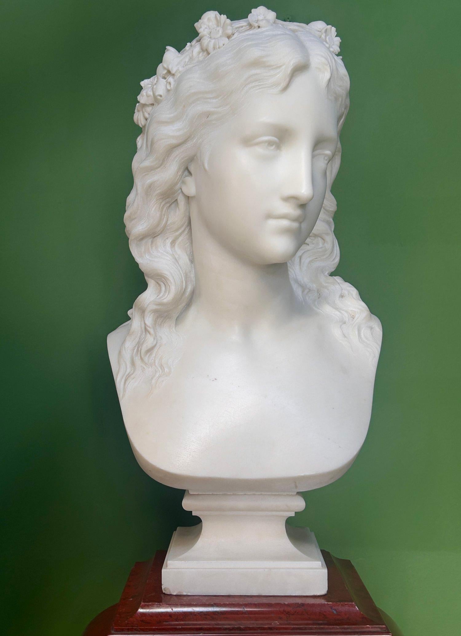Romantic 19th Century French Marble Bust of a Maiden signed by Eugene Antoine Aizelin