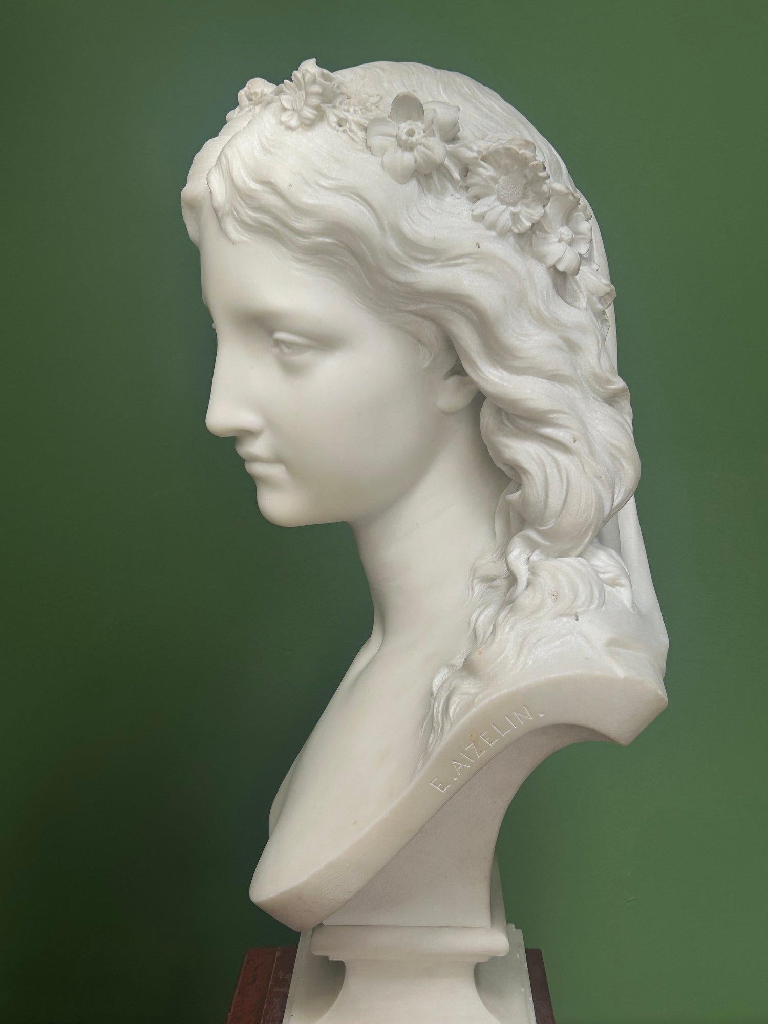 19th Century French Marble Bust of a Maiden signed by Eugene Antoine Aizelin 1