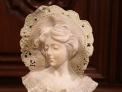 19th Century French Marble Bust of a Young Beauty with Lace Hat on Swivel Base