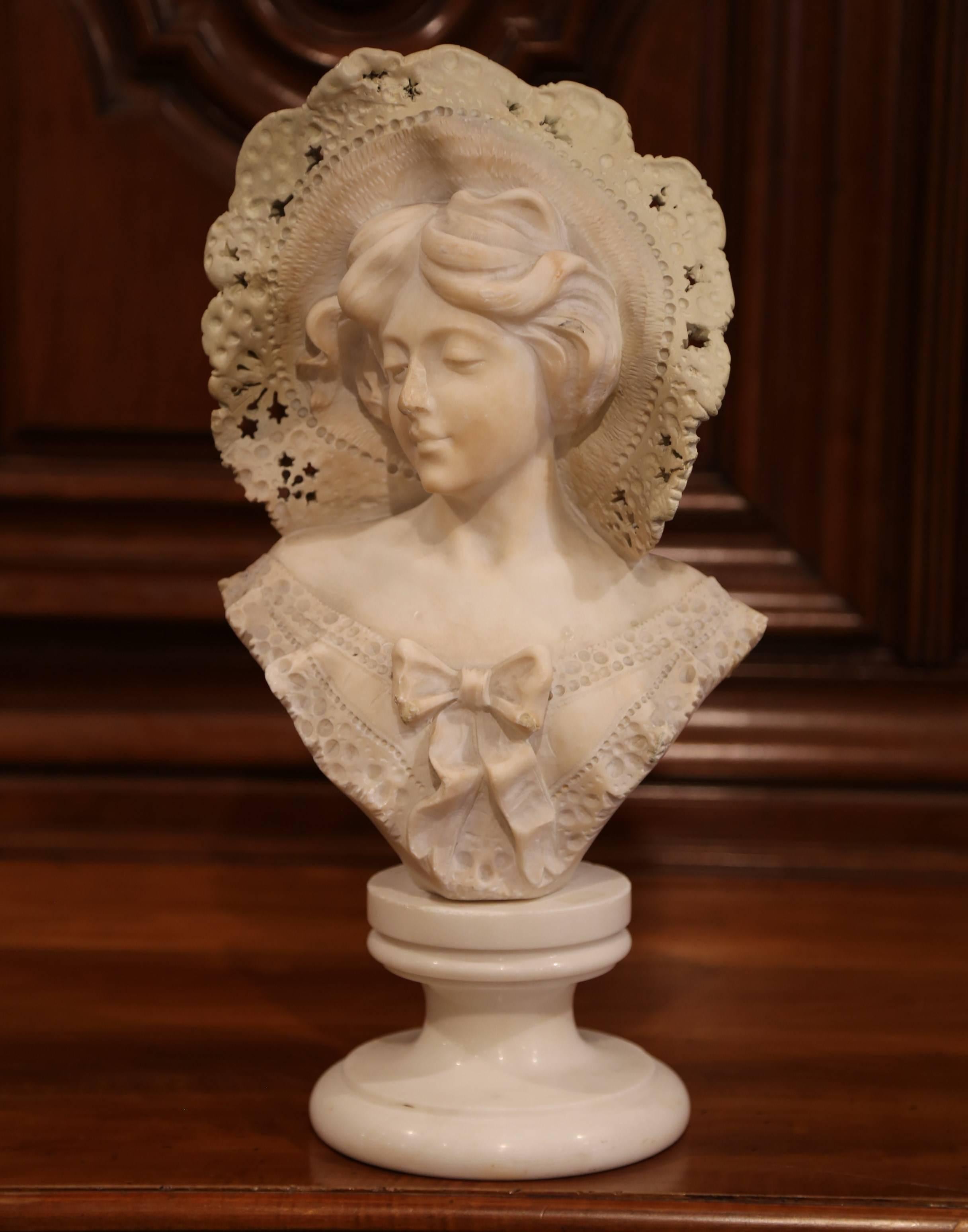 Patinated 19th Century French Marble Bust of a Young Beauty with Lace Hat on Swivel Base