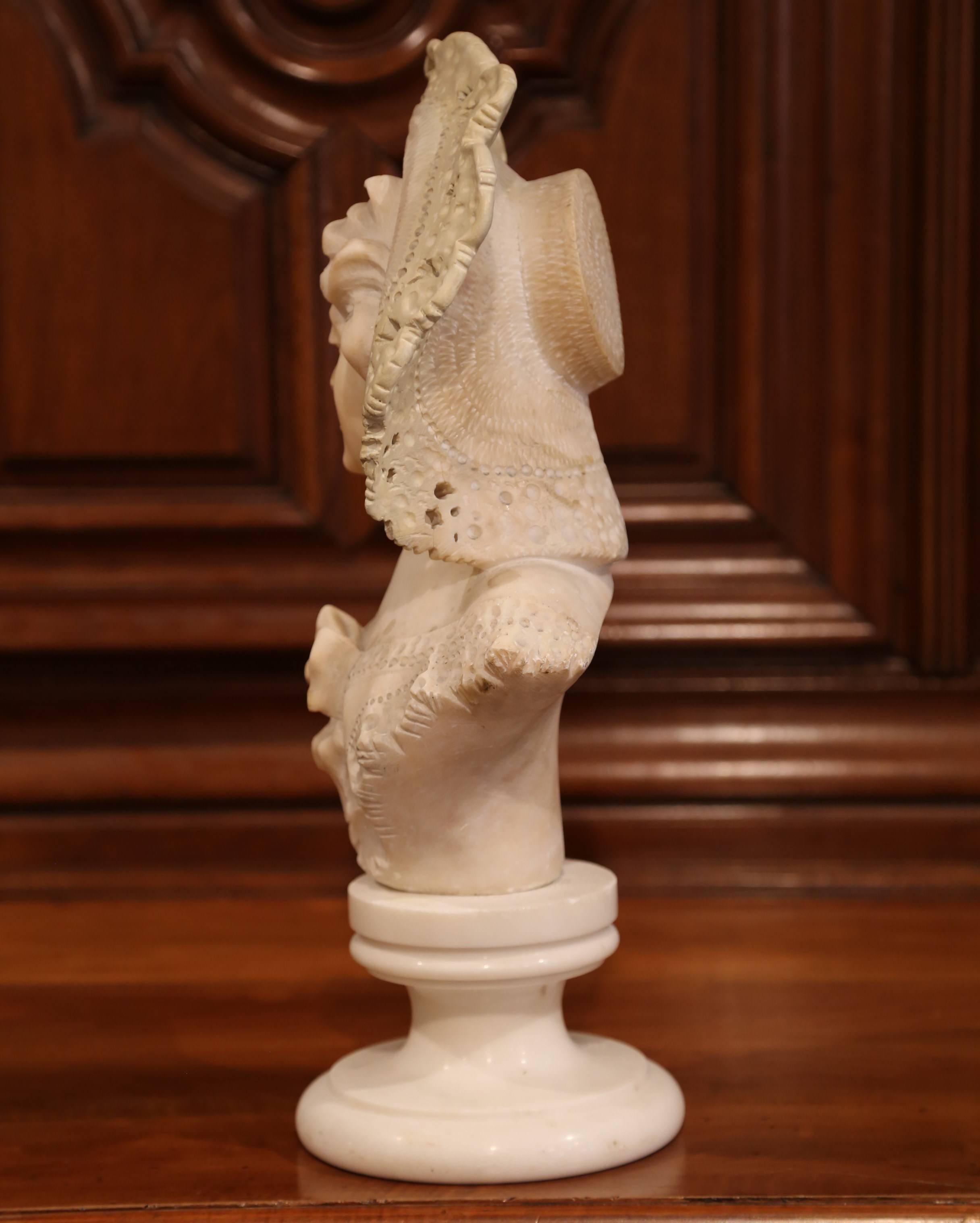19th Century French Marble Bust of a Young Beauty with Lace Hat on Swivel Base In Good Condition In Dallas, TX
