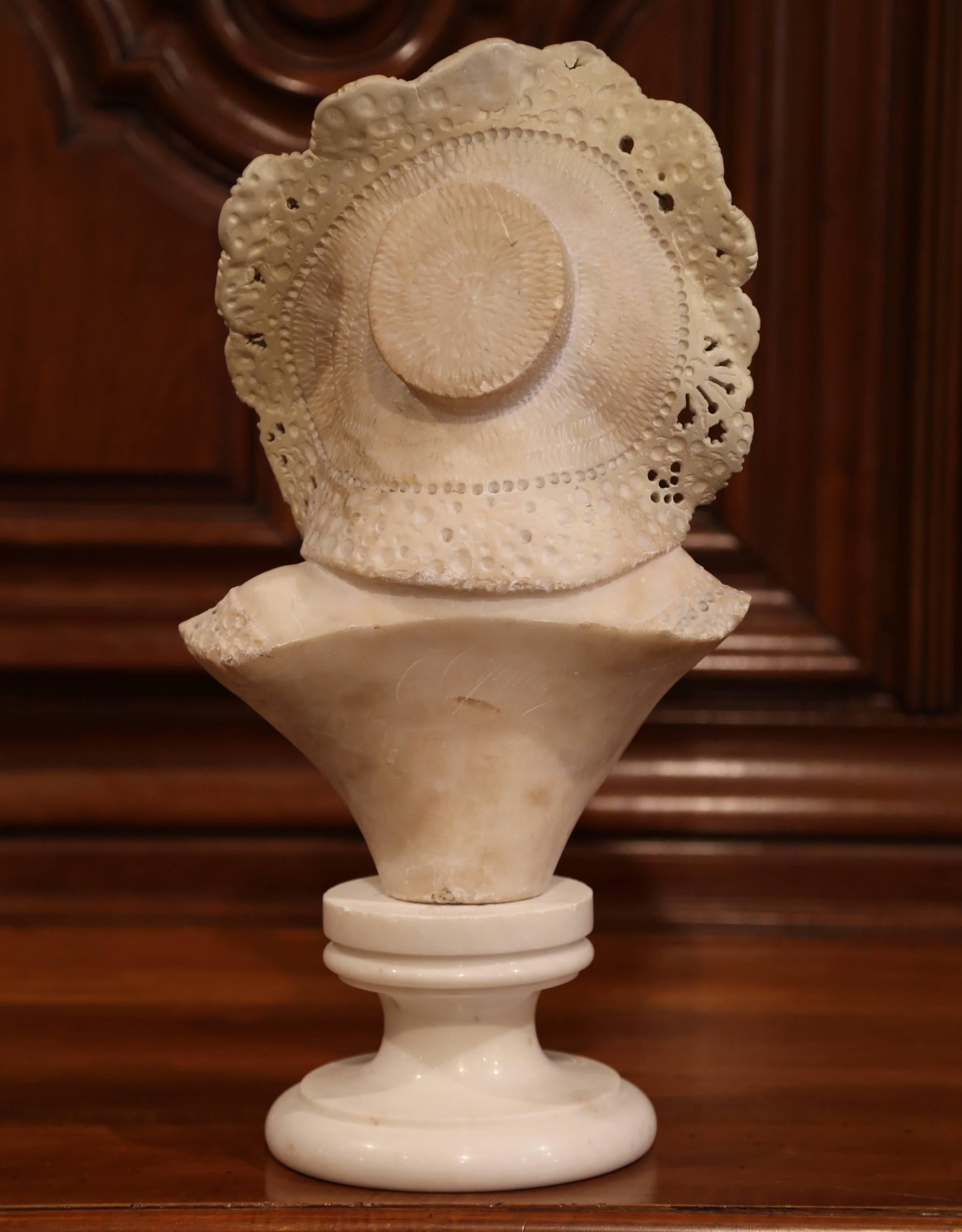 19th Century French Marble Bust of a Young Beauty with Lace Hat on Swivel Base 1