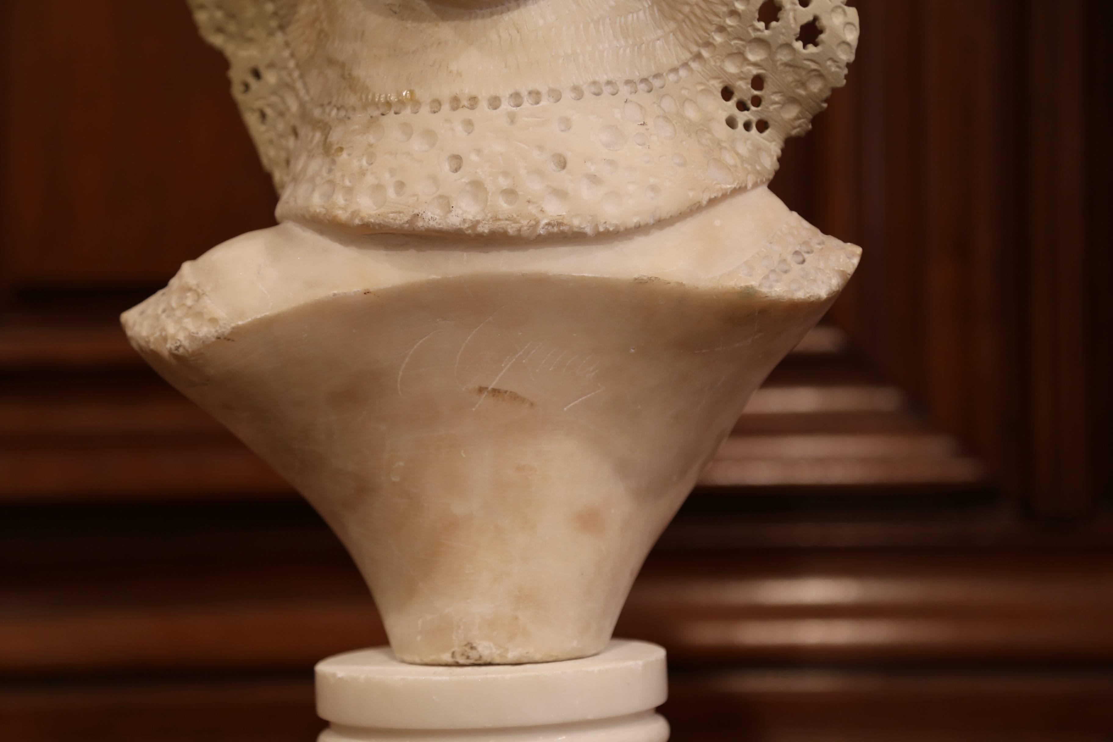 19th Century French Marble Bust of a Young Beauty with Lace Hat on Swivel Base 2