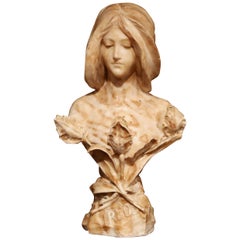 19th Century French Marble Bust of Young Beauty Titled "Ireos" with Floral Motif