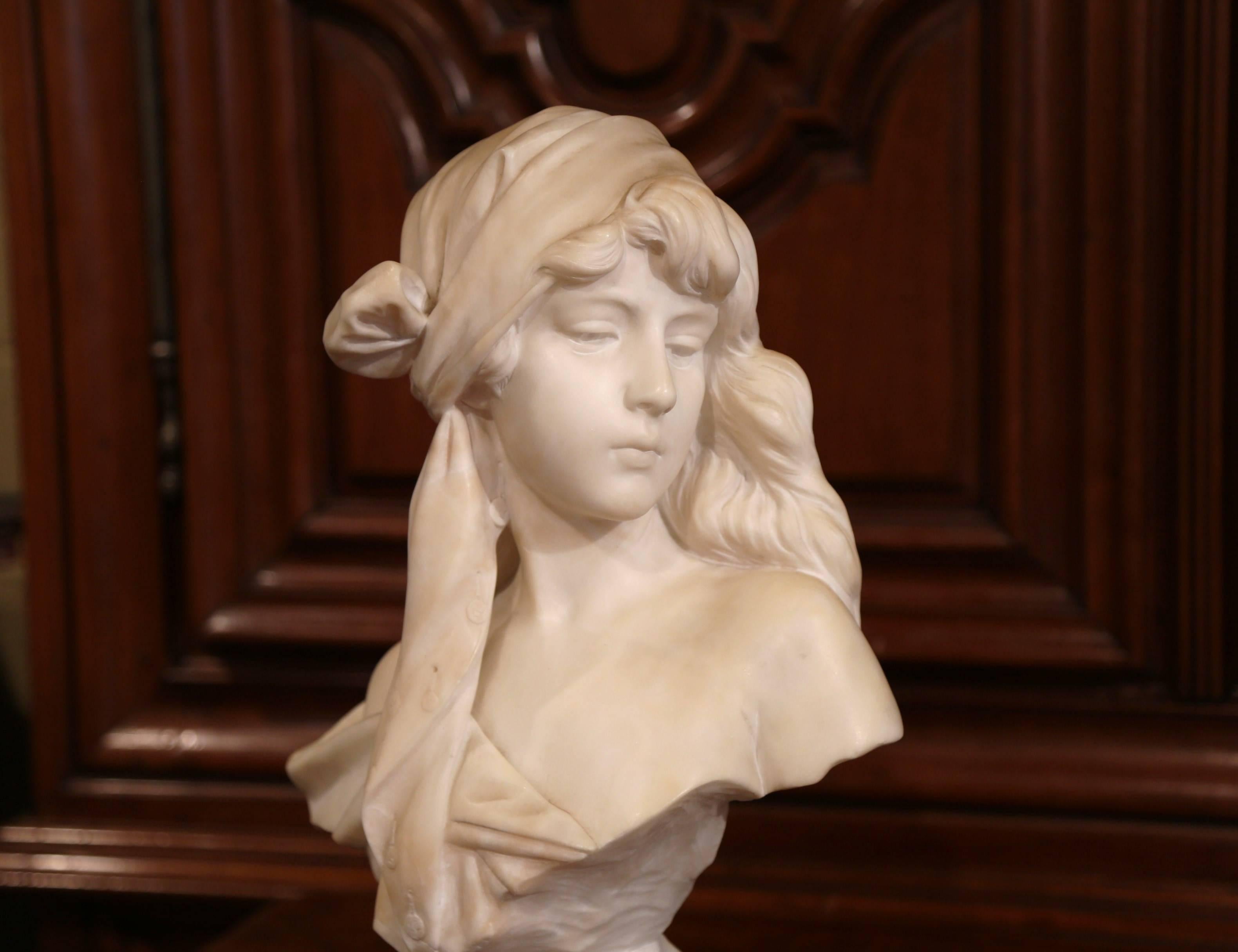 Hand-Carved 19th Century French Marble Bust of Young Beauty Titled Miarka Signed E. Villanis