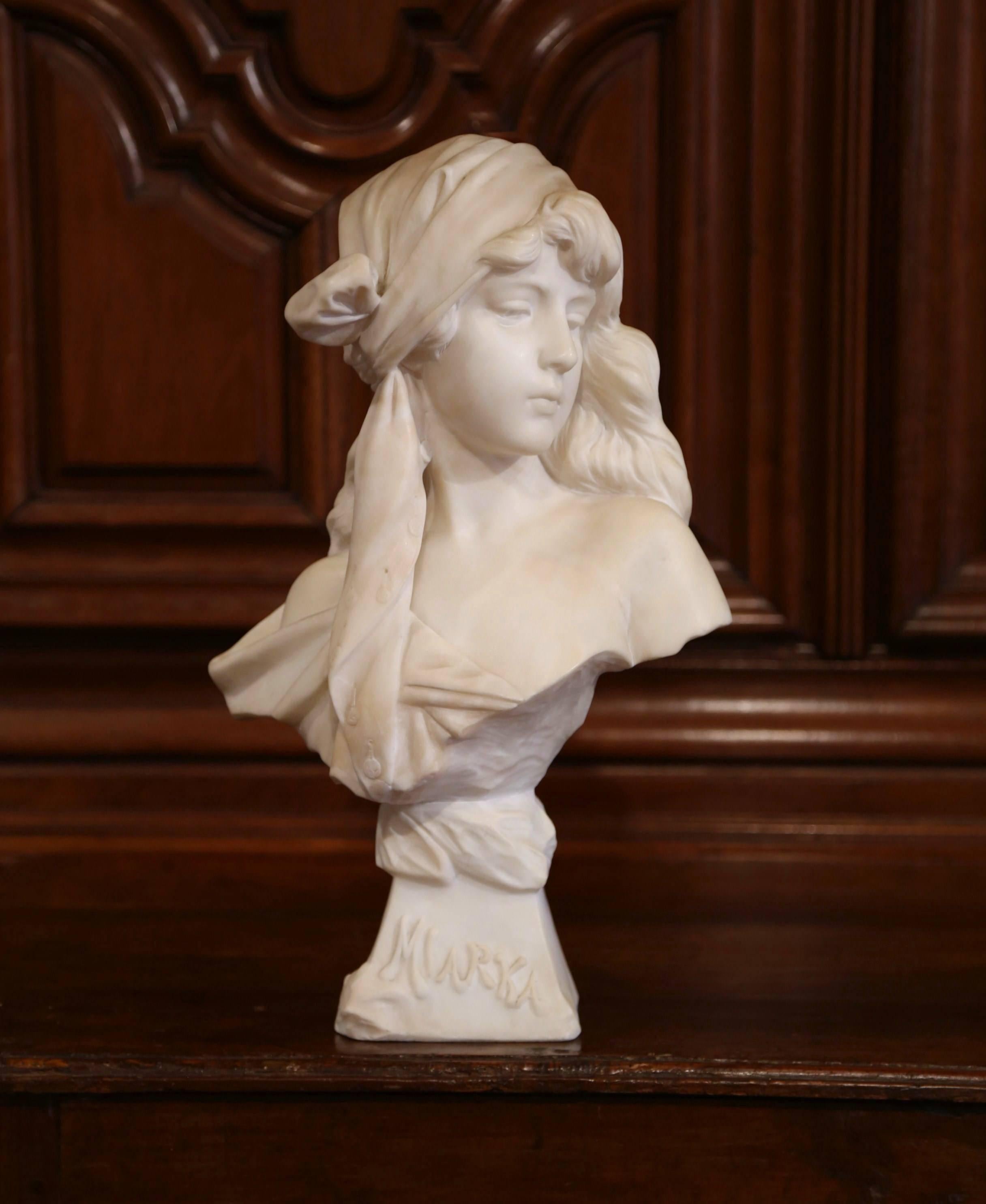 19th Century French Marble Bust of Young Beauty Titled Miarka Signed E. Villanis 1