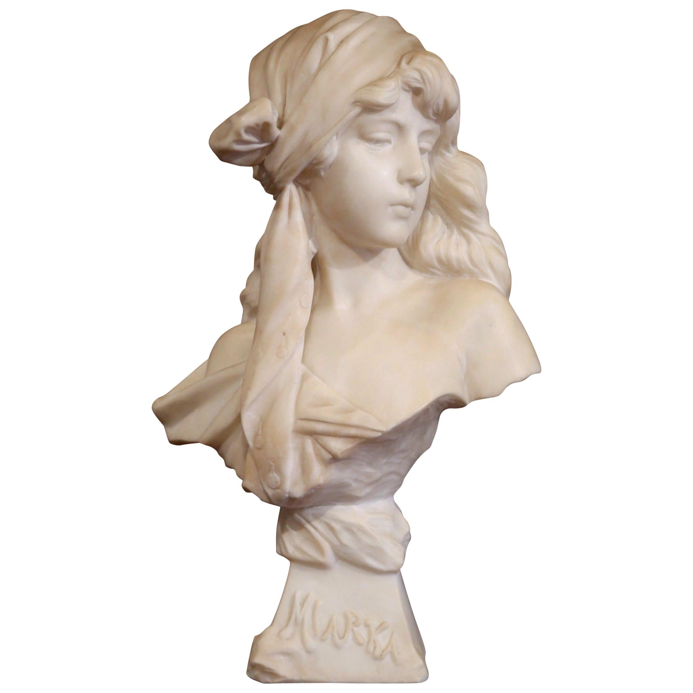 19th Century French Marble Bust of Young Beauty Titled Miarka Signed E. Villanis