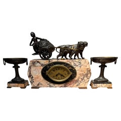 19th Century French Marble Clock Set / Garniture Putto Chariot Drawn by Panthers