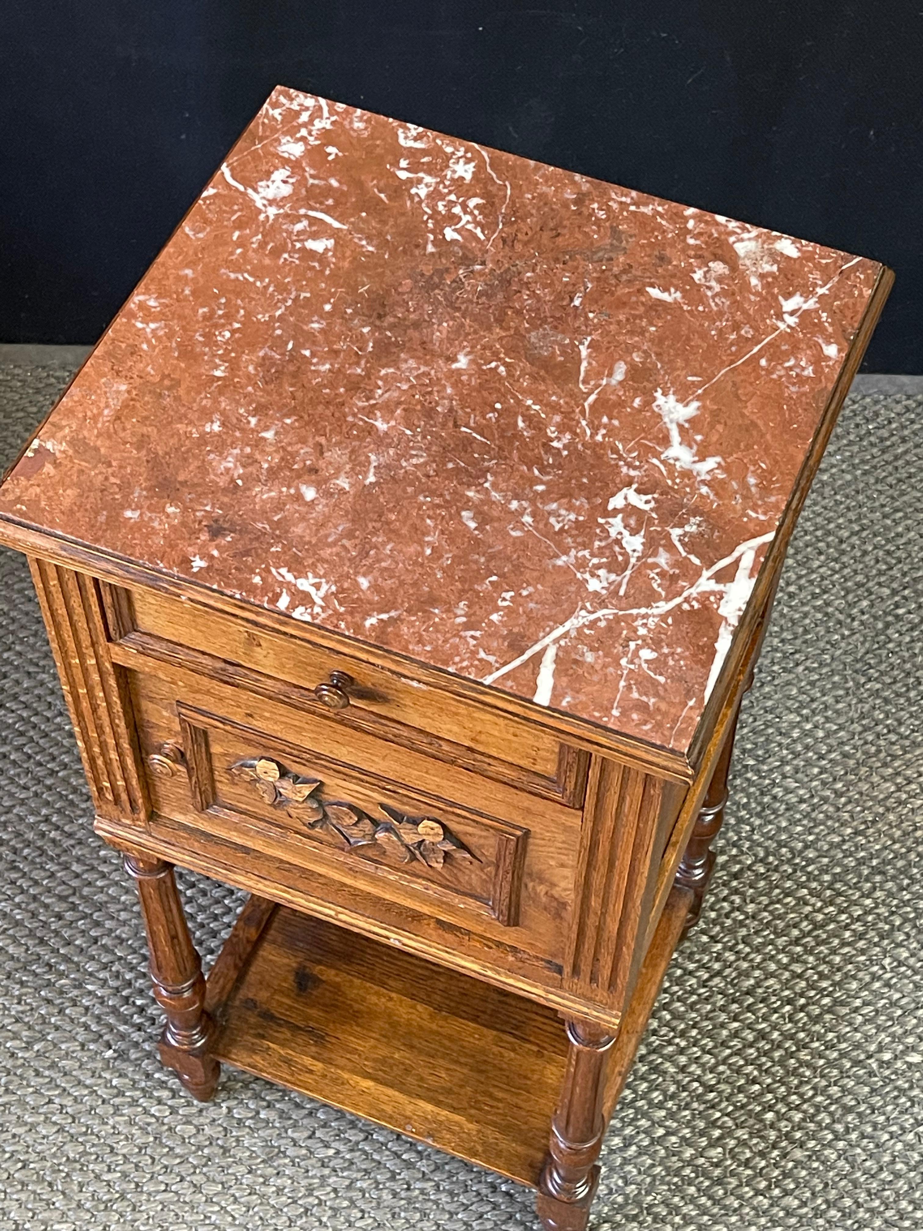 Carved 19th Century French Marble Top Bedside Table  For Sale