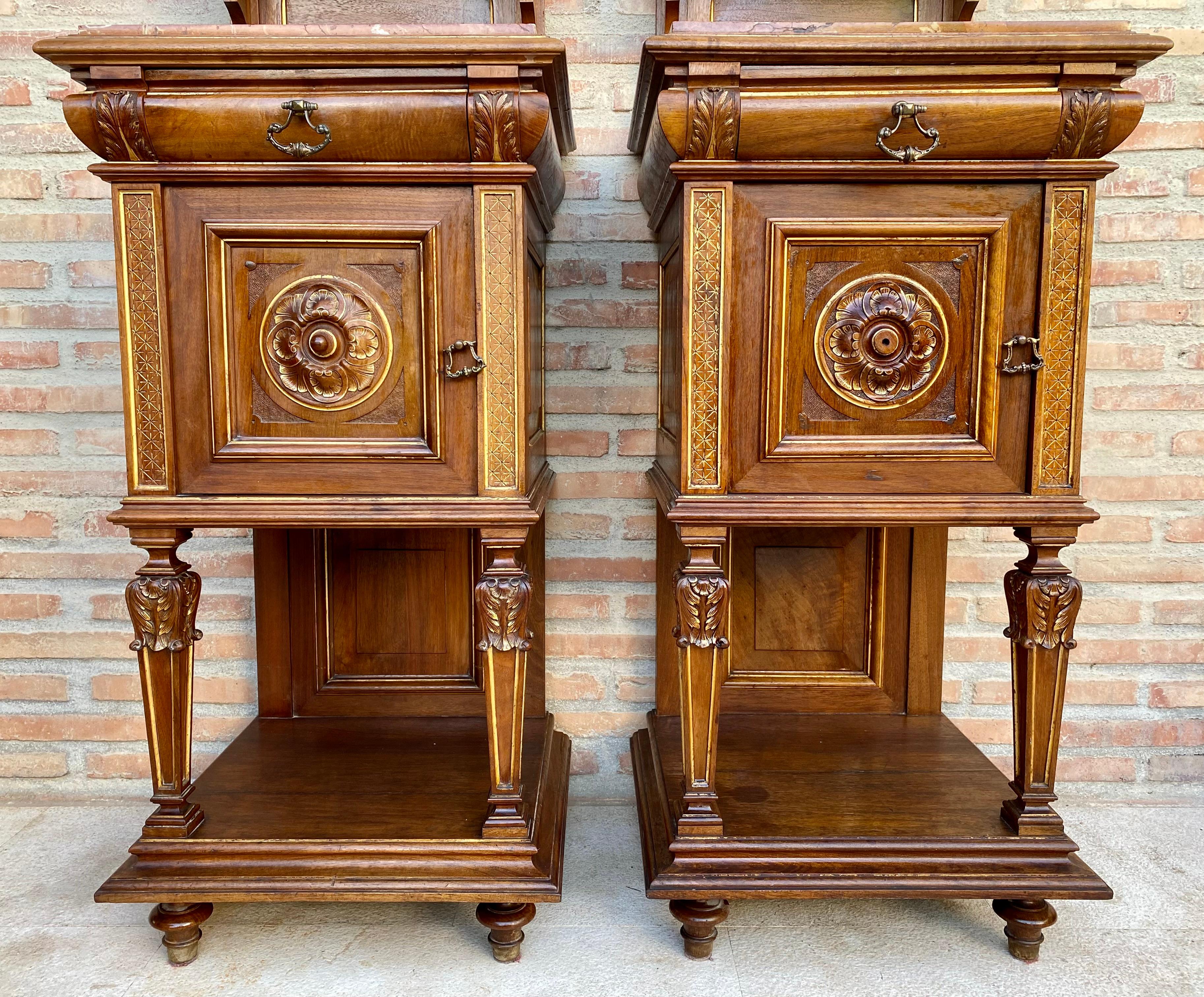 Renaissance 19th Century French Marble Top Bedside Tables, 1890s, Set of 2 For Sale